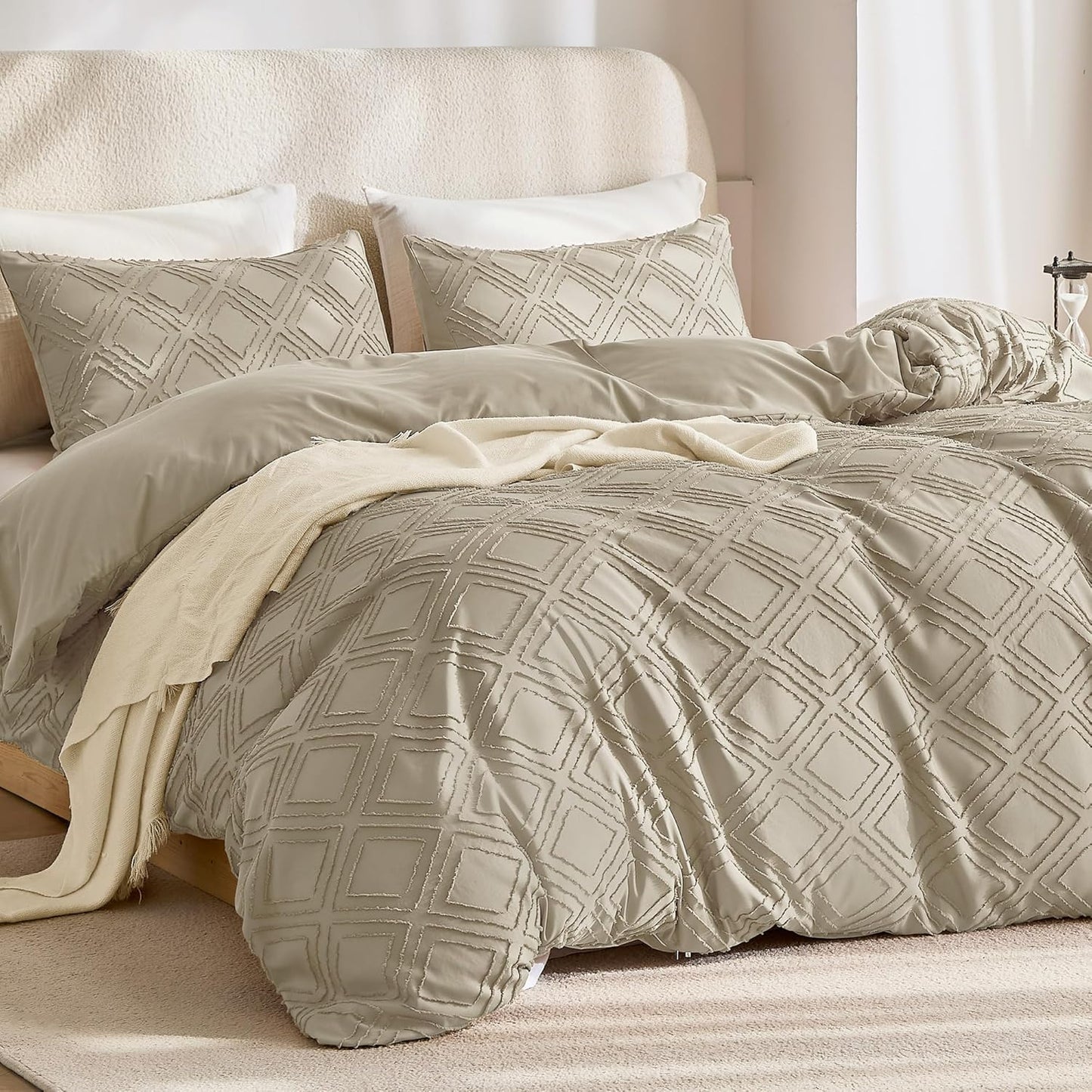 JELLYMONI Duvet Cover King Size Khaki - 3PCS Boho Duvet Cover Set Plaid Polyester Tufted Bohemian Jacquard Knit Textured Comforter Cover 104×90in Rhombic Geometric Pattern Zipper Corner Tie