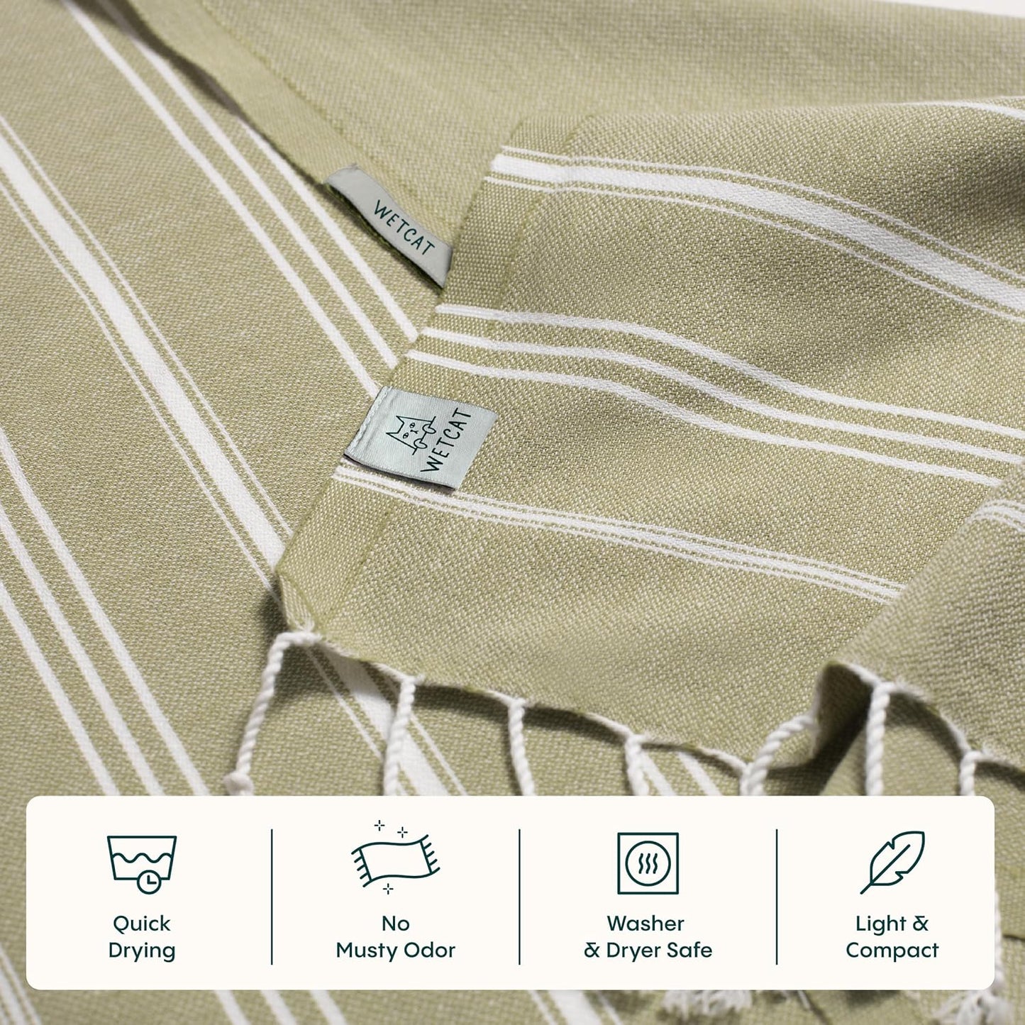 WETCAT Turkish Hand Towels with Hanging Loop, Set of 2 (20" x 30") 100% Turkish Cotton, Pre-Washed, Quick Drying, for Kitchen or Bathroom - Sage Green