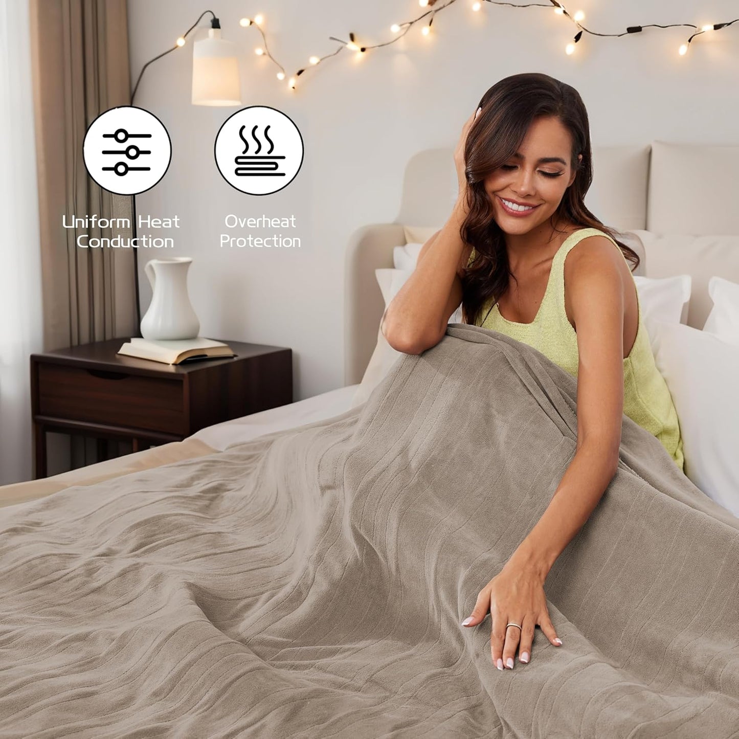 Heated Electric Blanket 62"x84" Twin Size, Soft Coral Fleece Blanket with 4 Heating Levels & 10 Hours Auto-Off, Fast Heating, Warm Cozy, Machine Washable for Home & Office - Light Brown