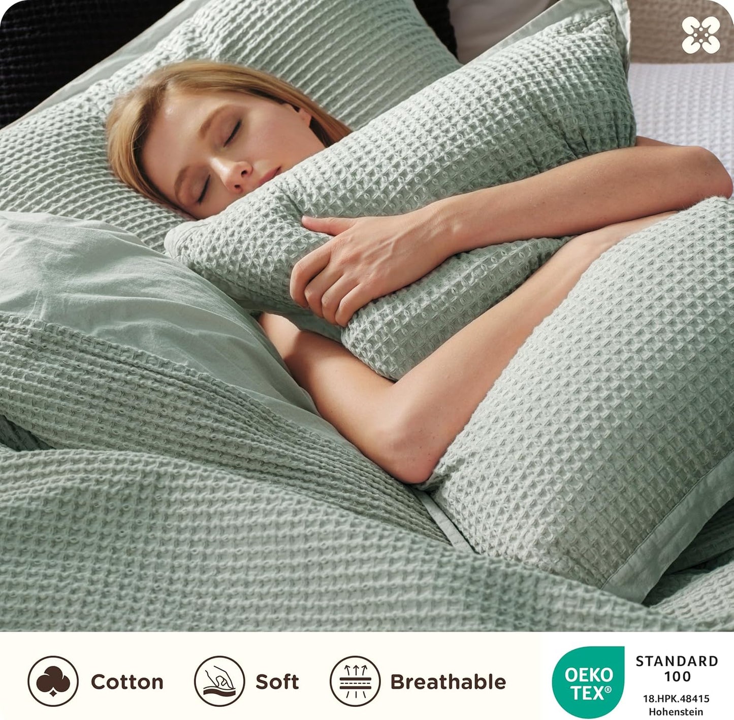 Bedsure Cotton Duvet Cover King - 100% Cotton Waffle Weave Sage Green Duvet Cover King Size, GentleSoft™ and Breathable Bedding Set for All Season, 3 Pieces, 104"x90"