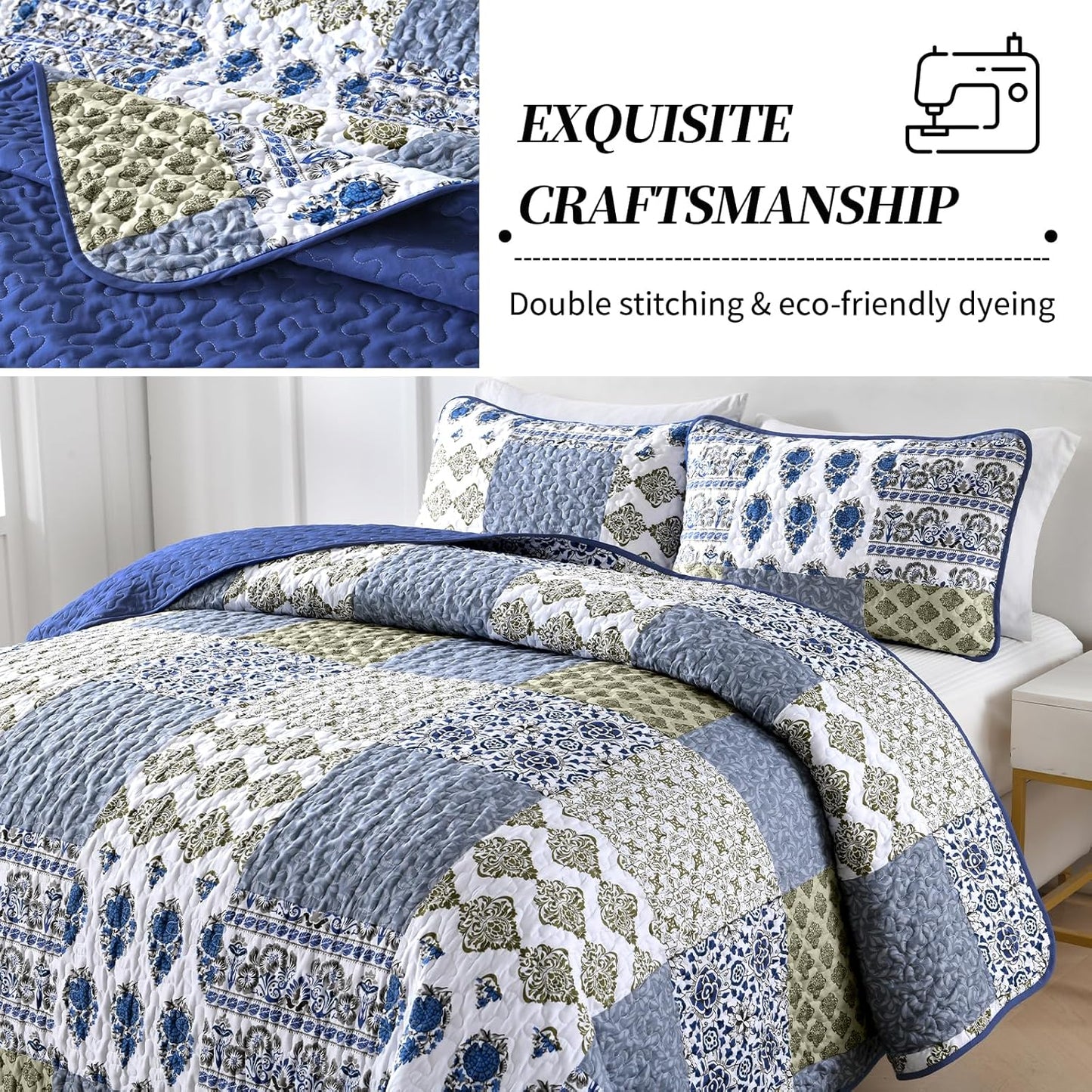 Mybedsoul Blue Quilt Set Queen Size 3 Pieces Boho Plaid Aqua Blue Floral Bedspread Set Microfiber Lightweight Bohemian Bedding Set for All Season (1 Quilt + 2 Pillow Shams) 90"x96"