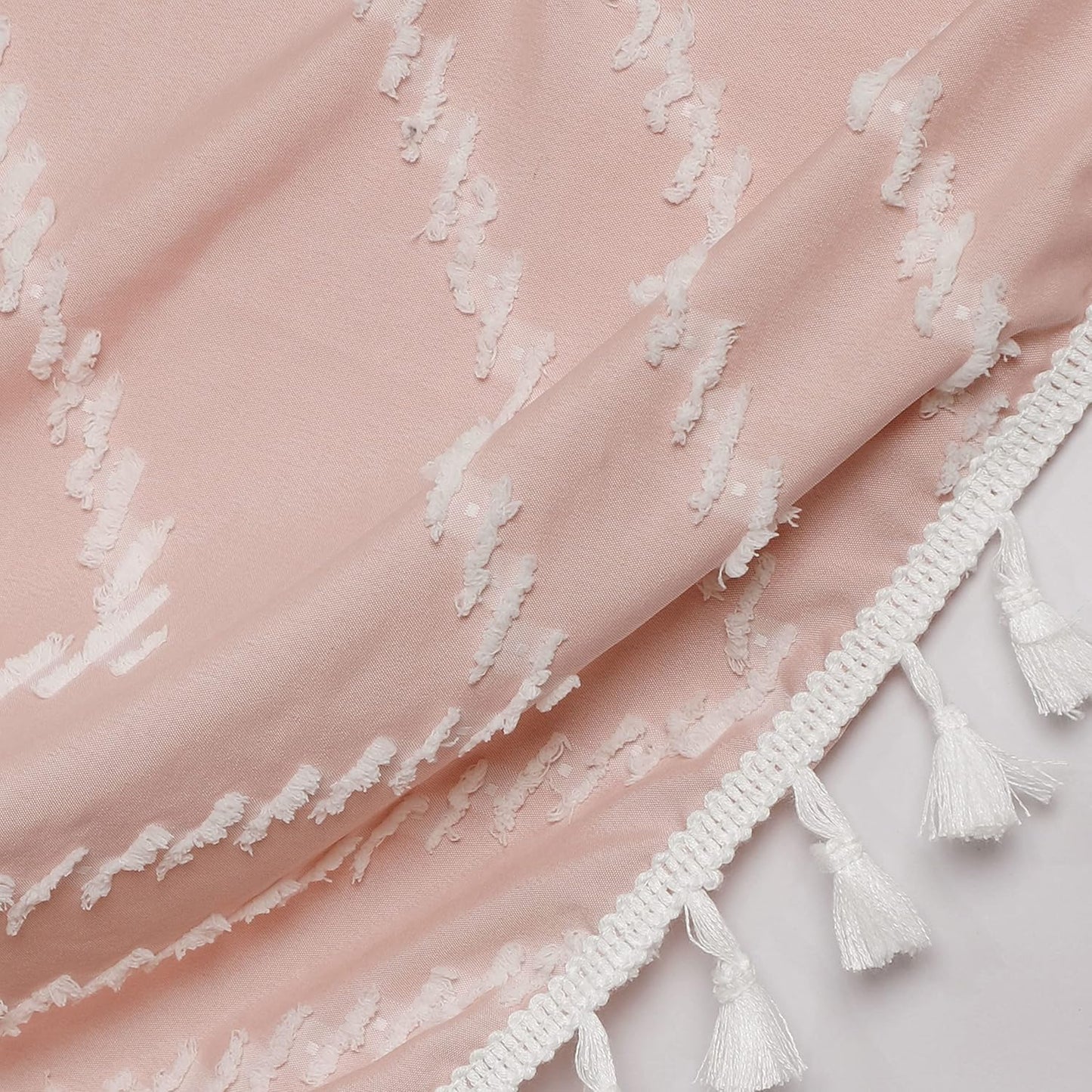 Extra Long Pink Boho Shower Curtain with White Tassel, Woven Fabric 96 in Curtain, Tufted Chevron Striped, 72x96, Modern Chic Textured Minimalist Cute for Bathroom