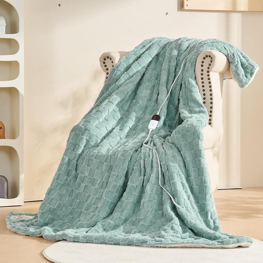 Electric Blanket, Heated Blanket with 6 Heat Levels & 10 Hours Auto Off, Soft Checked Flannel Fast Heating Blanket with ETL & FCC Certification (Green, 90"X100")