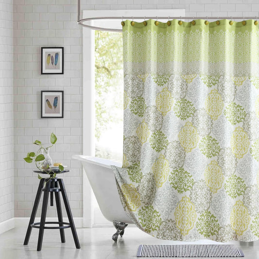 Fabric Shower Curtain, Green Yellow Grey Boho Medallion Print Shower Curtains for Bathroom, 72" W x 72" H