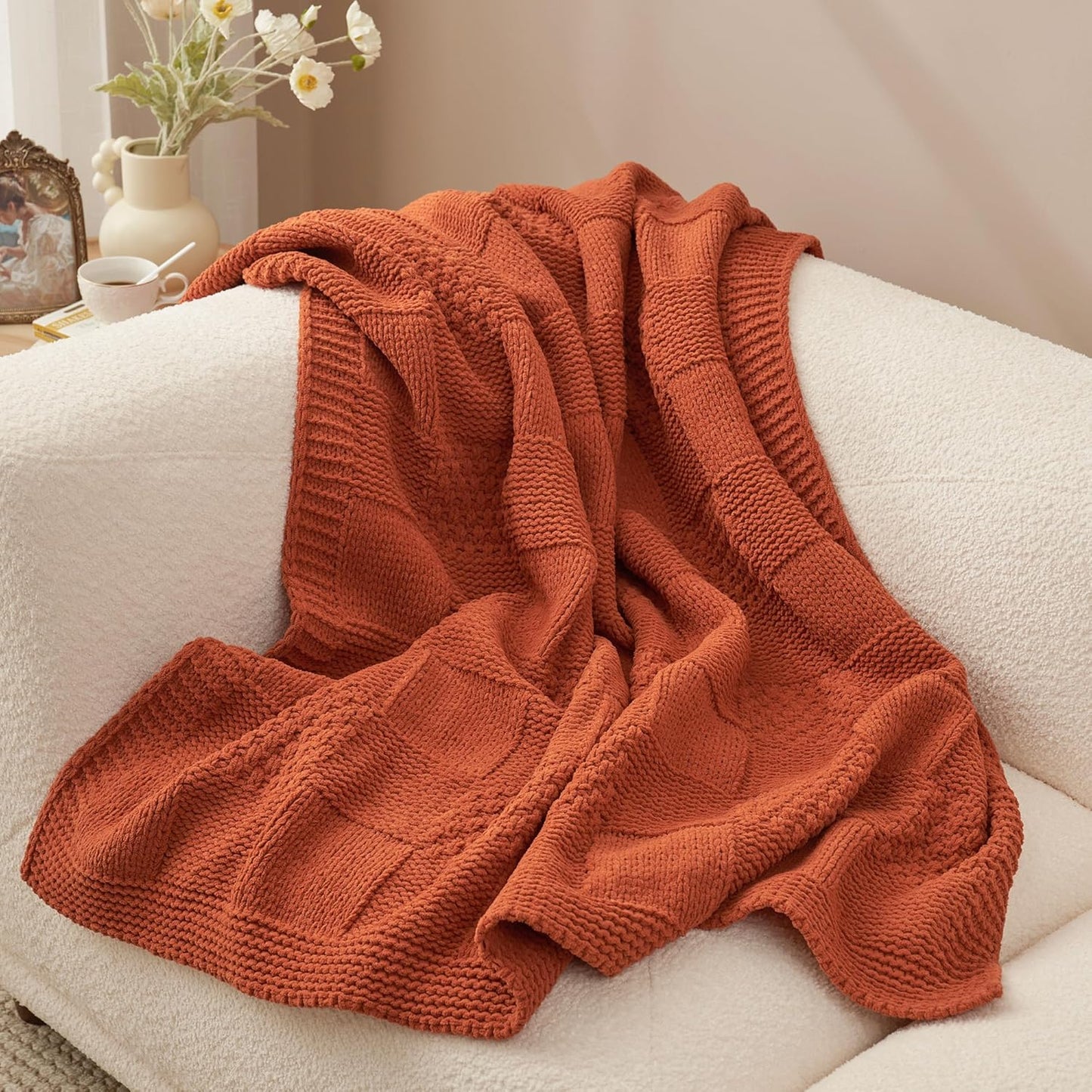 Amélie Home Checkered Chenille Knit Throw Blanket for Couch, Classic Texture Decorative Soft Blanket for Sofa, Chair & Bedroom, 50"x60", Burnt Orange