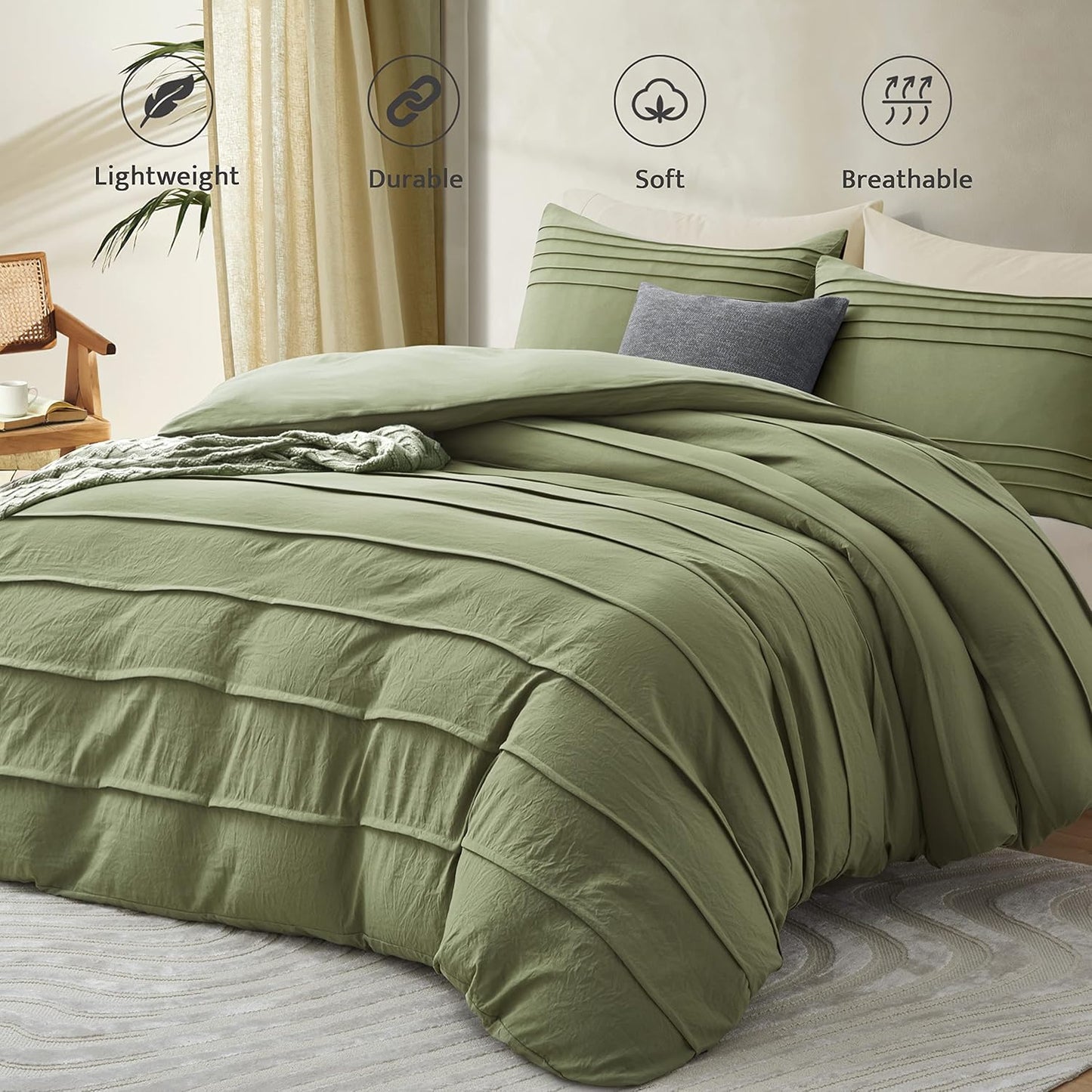 Oli Anderson Sage Green Duvet Cover Queen Size - Pleated Queen Duvet Cover, 3PCS Soft and Breathable Textured Bedding Set with Zipper Closure(Sage Green,90"x90")