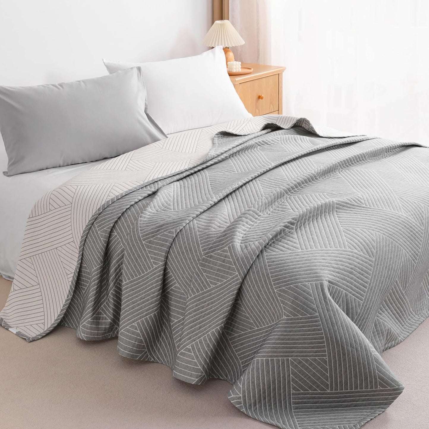NTBAY 3 Layers Cotton Muslin 88x92 Queen Bed Blanket, Super Soft Breathable Thermal Yarn Dyed Quilt for Adults, Perfect Lightweight Blanket for Couch Sofa Bed All Seasons, Grey Volleyball
