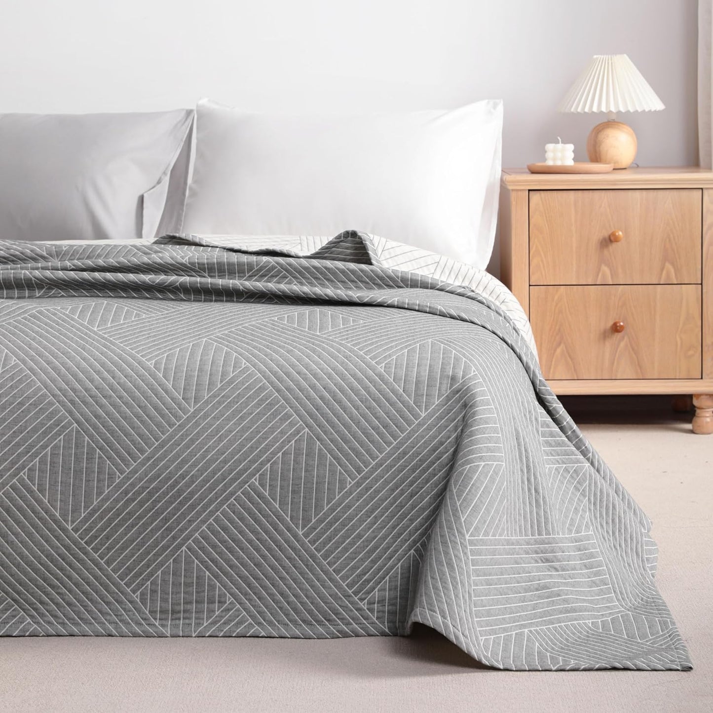 NTBAY 3 Layers Cotton Muslin 88x92 Queen Bed Blanket, Super Soft Breathable Thermal Yarn Dyed Quilt for Adults, Perfect Lightweight Blanket for Couch Sofa Bed All Seasons, Grey Volleyball