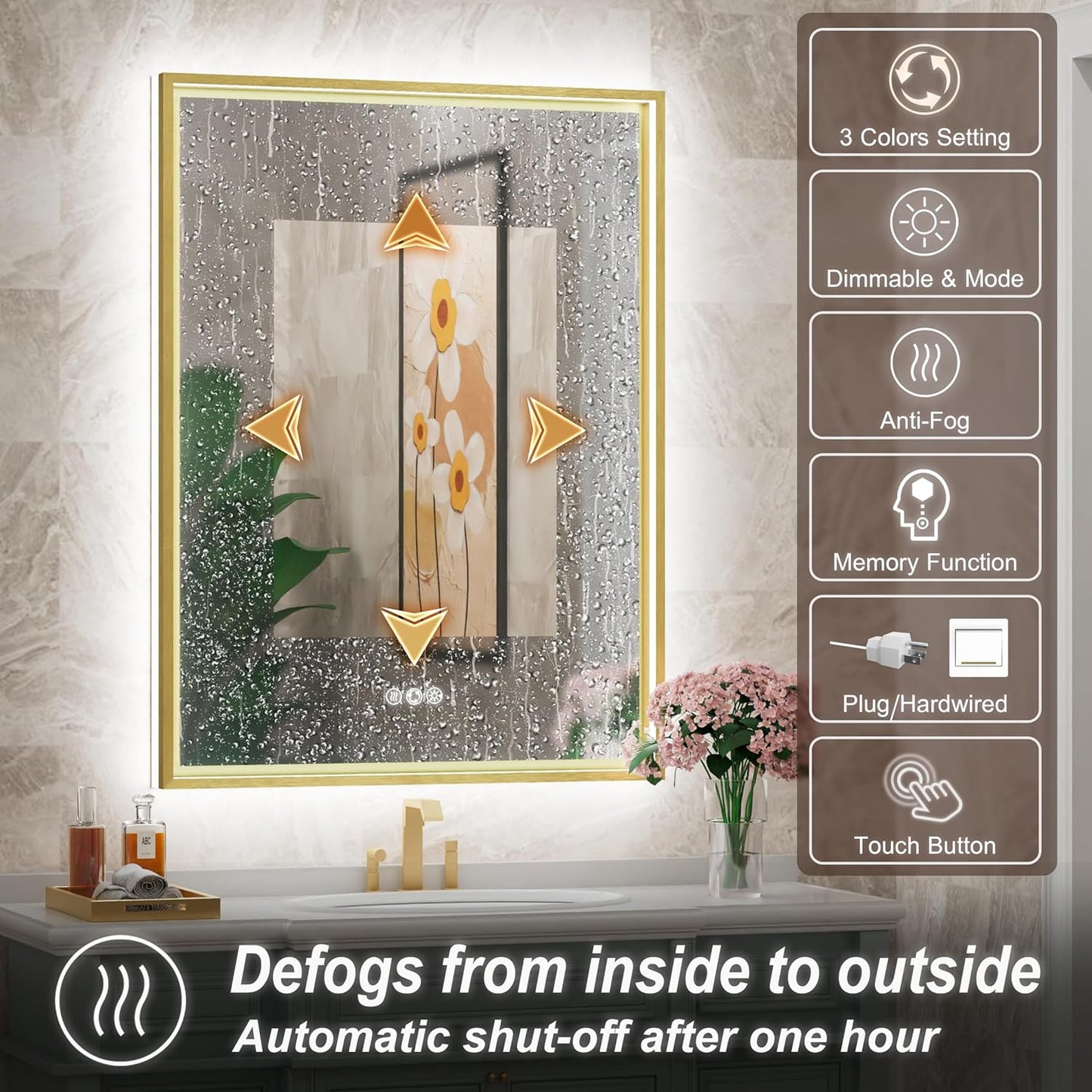24x32 Inch Gold LED Bathroom Mirror with Front & Back Lights, Adjustable 3000K/4500K/6000K, Wall Mounted Framed Lighted Bathroom Vanity Mirror, Dimmable, Anti-Fog, Horizontal/Vertical