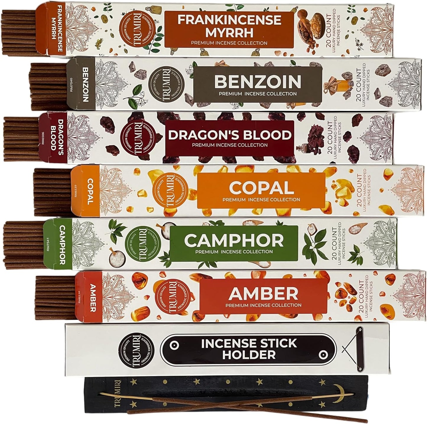 Trumiri Incense Sticks - 120 Insence-Sticks (20 Insense x 6 Incents) - Incienso Inscents-Sticks with Dragon Blood Frankincense Myrrh Benzoin Amber Copal Resin and Camphor Alcanfor + Incense Holder