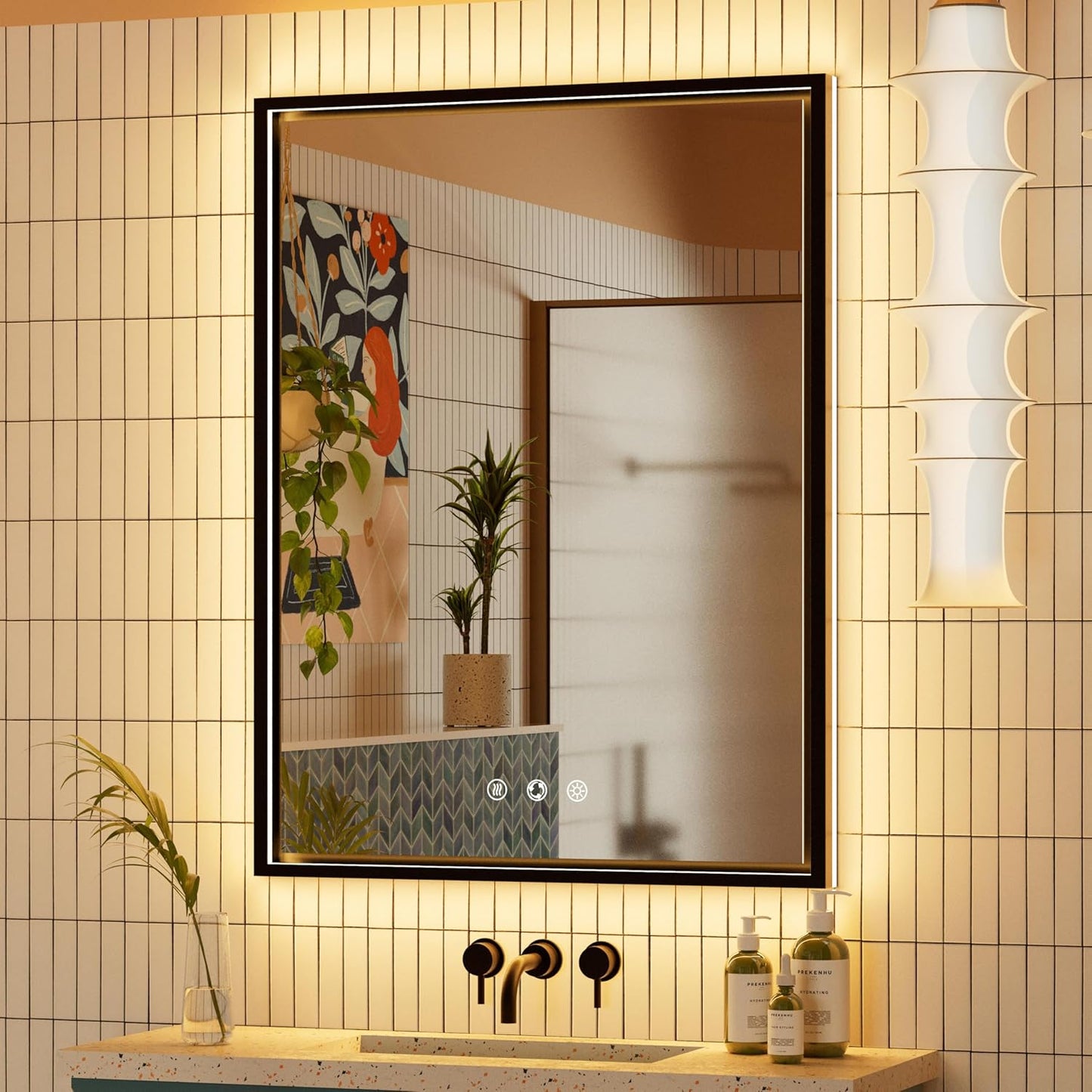 24x32 Inch LED Bathroom Mirror with Front & Back Lights, Adjustable 3000K/4500K/6000K, Wall Mounted Black Lighted Bathroom Vanity Mirrors, Dimmable, Memory, Anti-Fog, Horizontal/Vertical