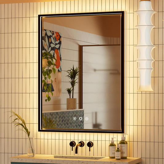 24x32 Inch LED Bathroom Mirror with Front & Back Lights, Adjustable 3000K/4500K/6000K, Wall Mounted Black Lighted Bathroom Vanity Mirrors, Dimmable, Memory, Anti-Fog, Horizontal/Vertical
