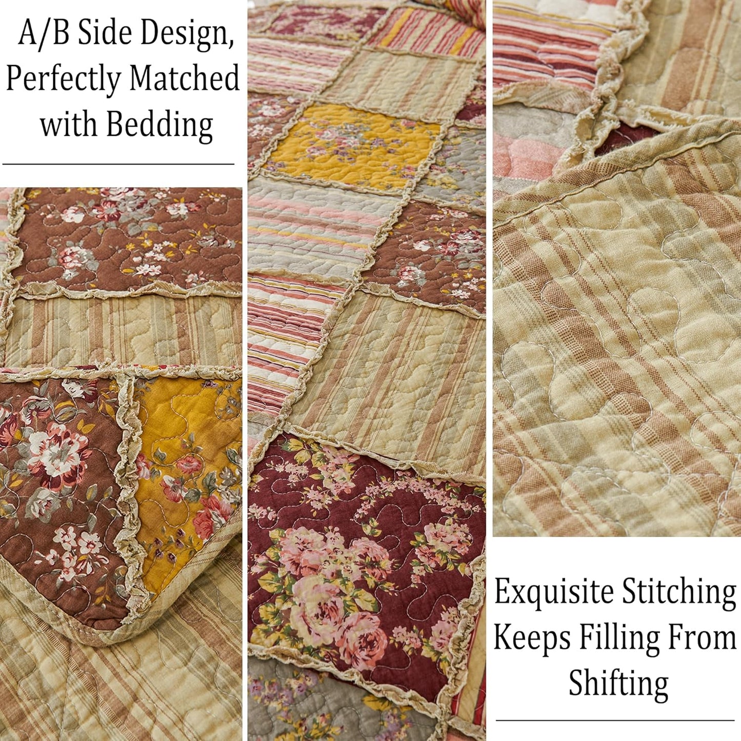 Cmfshape Floral Quilt Sets Bedspread Set 100% Cotton Patchwork Bedding Set, All Season Use Lightweight Reversible Coverlet Quilts with 2 Pillow Shams(Queen 92"x96")