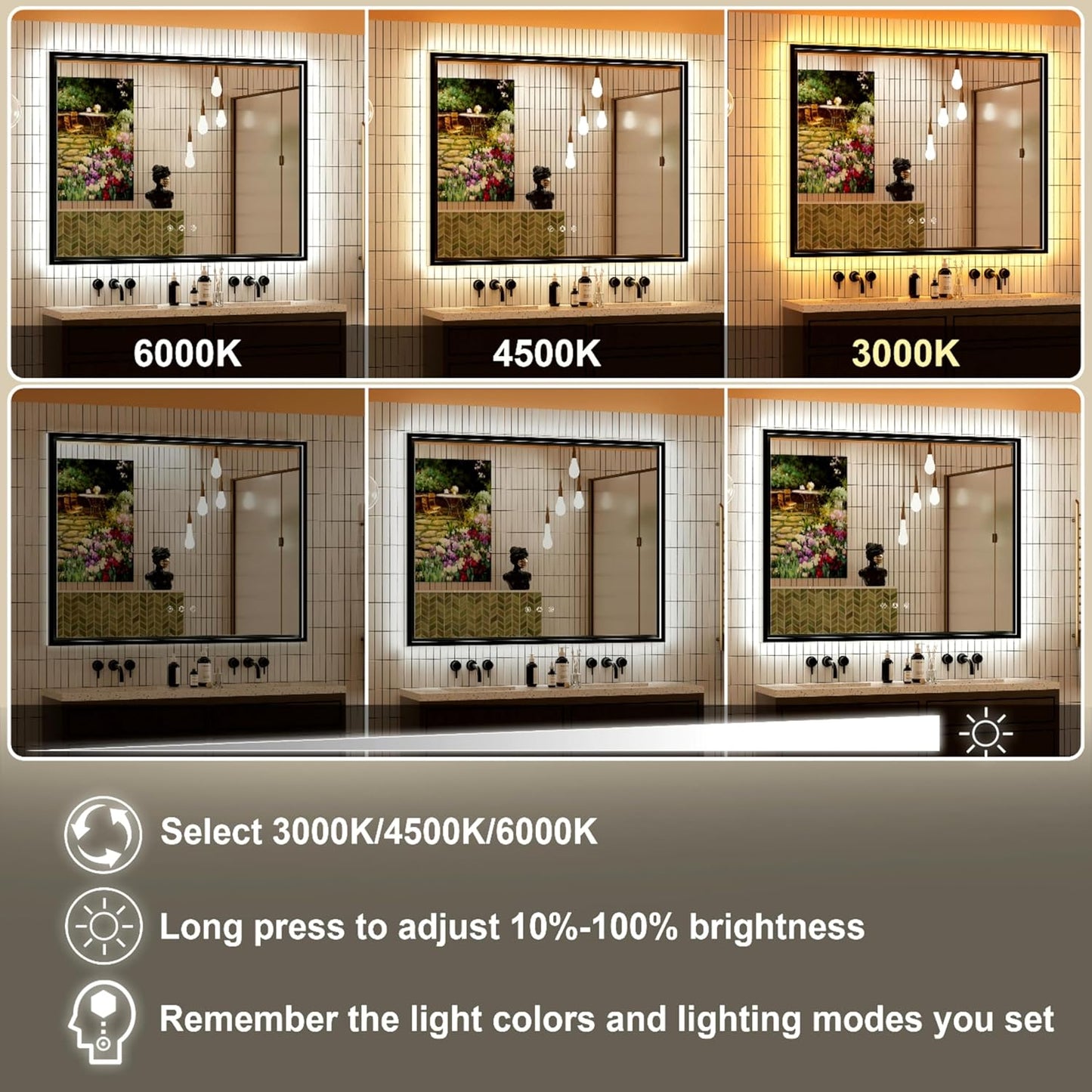 40x30 Inch Black LED Bathroom Mirror with Front and Back Lights, Adjustable 3000K/4500K/6000K, Wall-Mounted Framed Lighted Bathroom Vanity Mirrors, Anti-Fog, Dimmable, Horizontal/Vertical