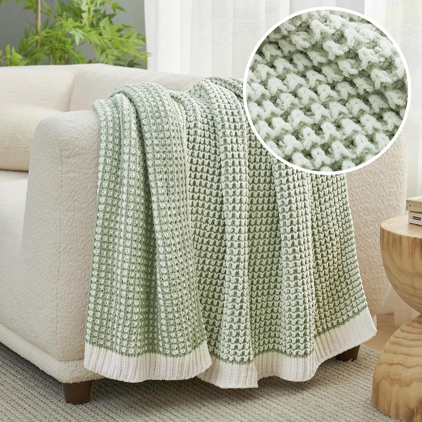 Amélie Home Waffle Chenille Throw Blanket for Couch, Pineapple Stitch Knit Soft Cozy Knit Blanket Decorative Throw for Sofa, Chair, 50"x60", Sage Green&Ivory