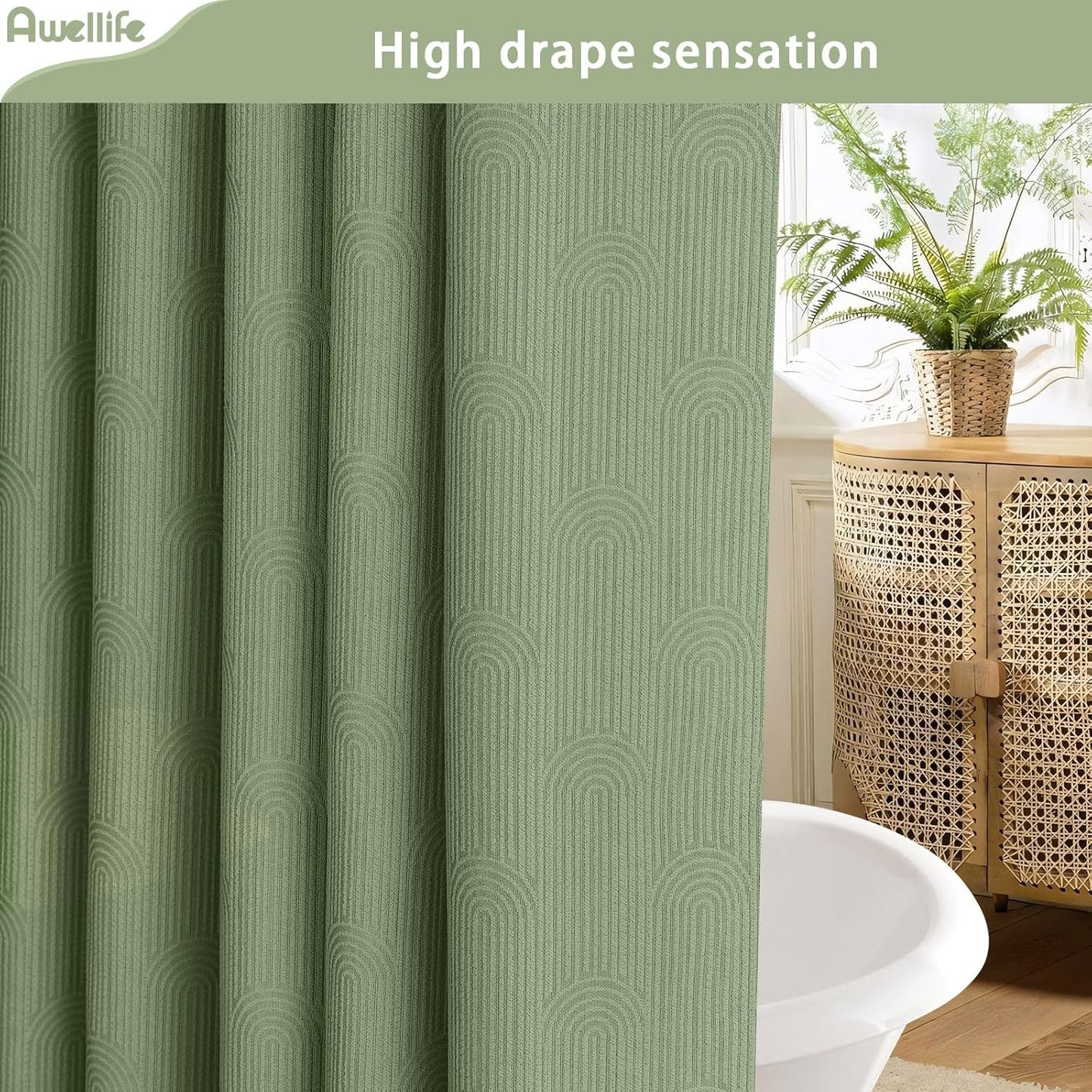 Awellife Sage Green Shower Curtains for Bathroom Cotton Fabric Touch Bohemian Mid Century Boho Minimalist Arch 78" L X 72" W