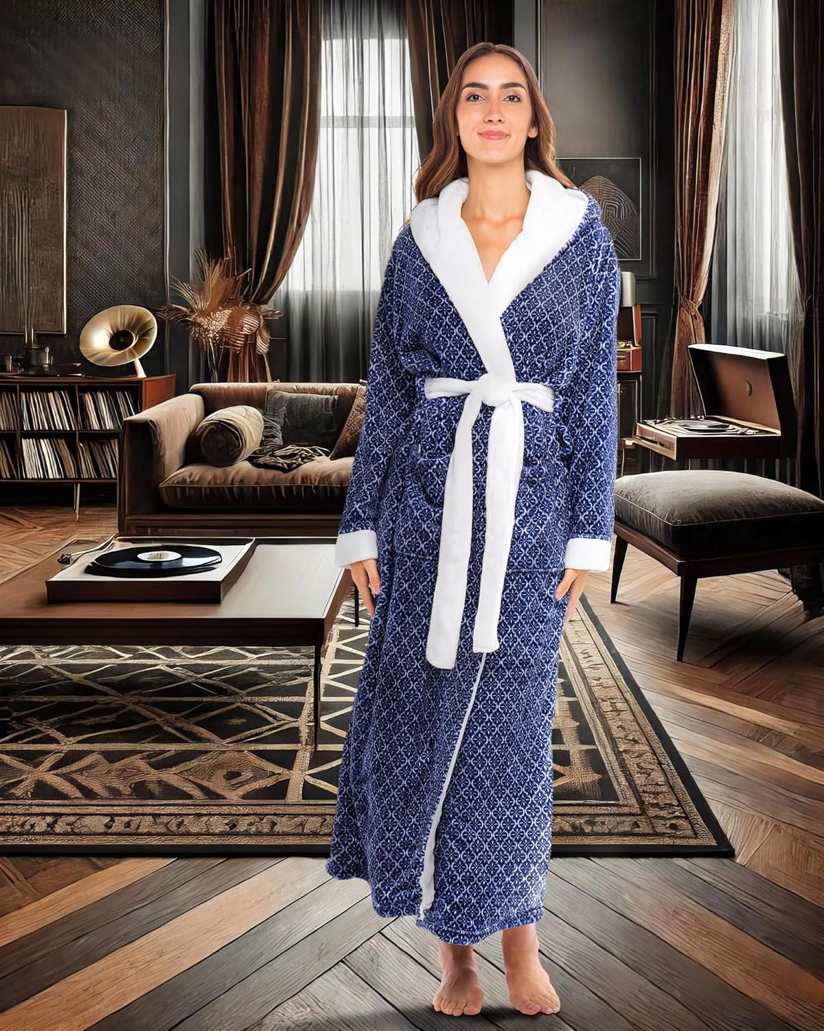 Alexander Del Rossa Womens Robe, Long Plush Bathrobe with Hood, Hooded Robes for Women Plus Size Bath Robe