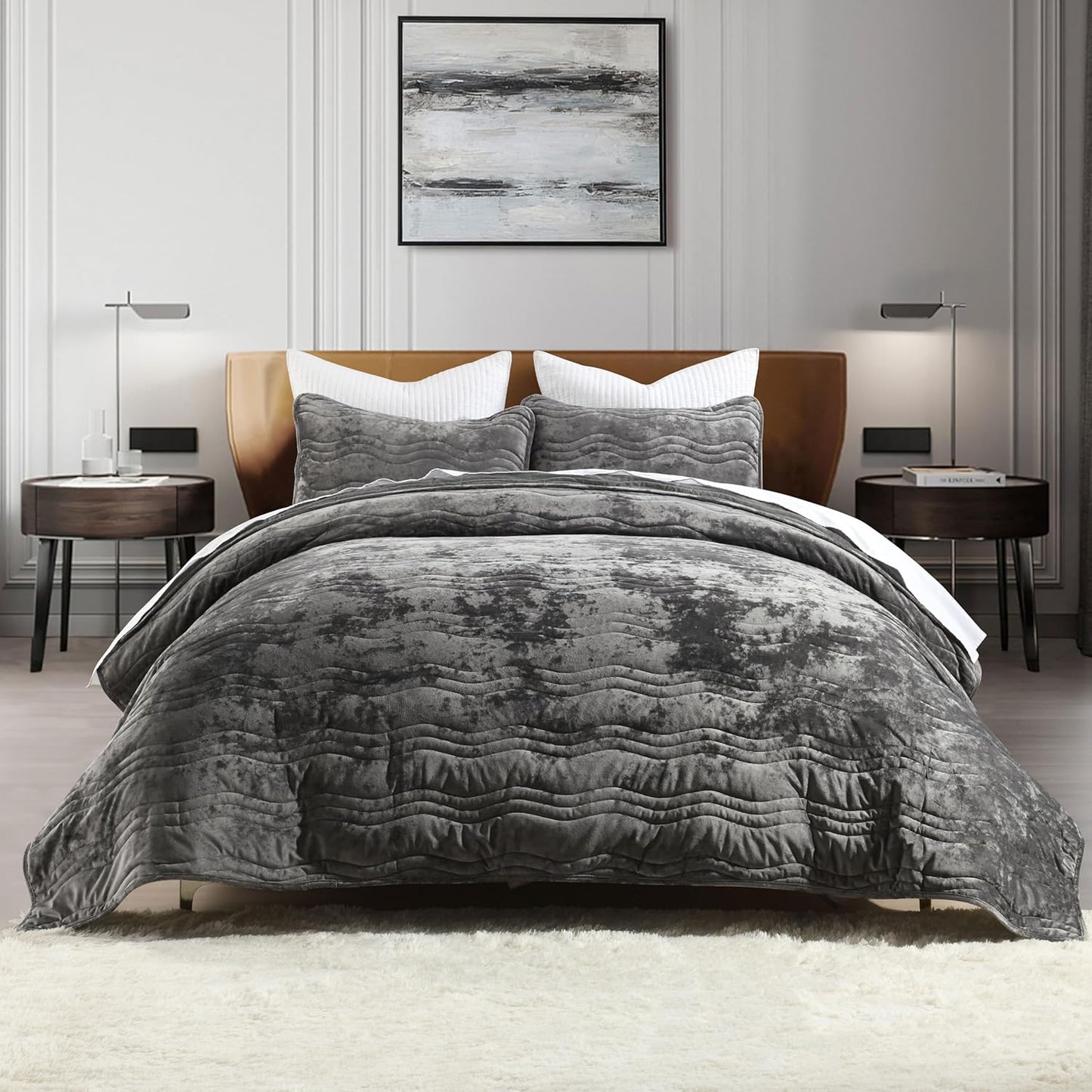 Velvet Quilt Set, Grey Velvet Quilt King Size Comforter Set, Luxury Bedding Soft Plush Bedspread, Machine Washable Coverlet, All-Season 3 Pieces