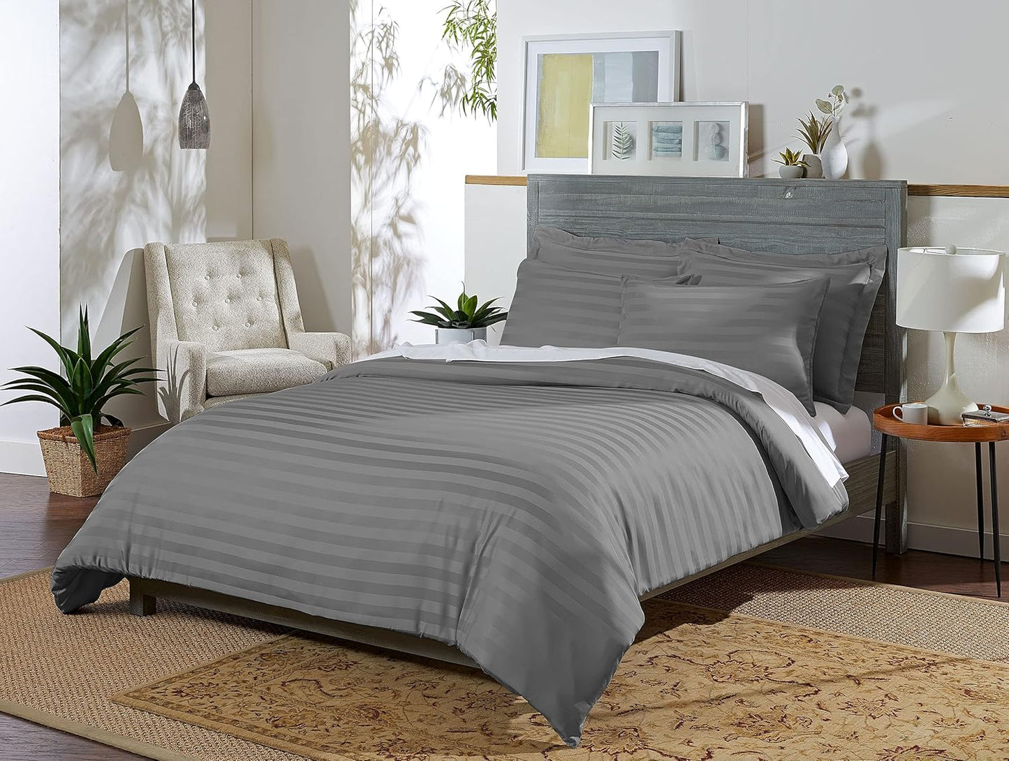 Pure Bamboo Queen Duvet Cover, 3 Piece Set, Genuine 100% Organic Viscose Derived from Bamboo, Luxuriously Soft and Cooling, 2 Pillowcases (Queen, Jacquard Stone)