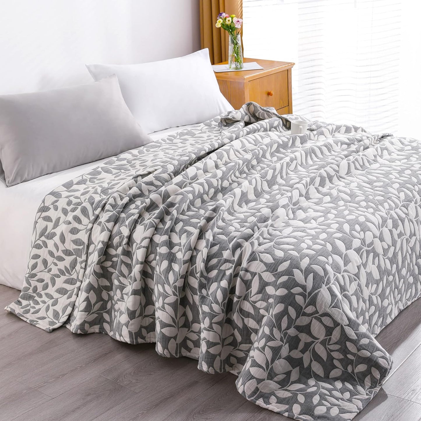 NTBAY 3 Layers Cotton Muslin 88x92 Queen Bed Blanket, Super Soft Breathable Thermal Yarn Dyed Quilt for Adults, Perfect Lightweight Blanket for Couch Sofa Bed All Seasons, Grey Leaf