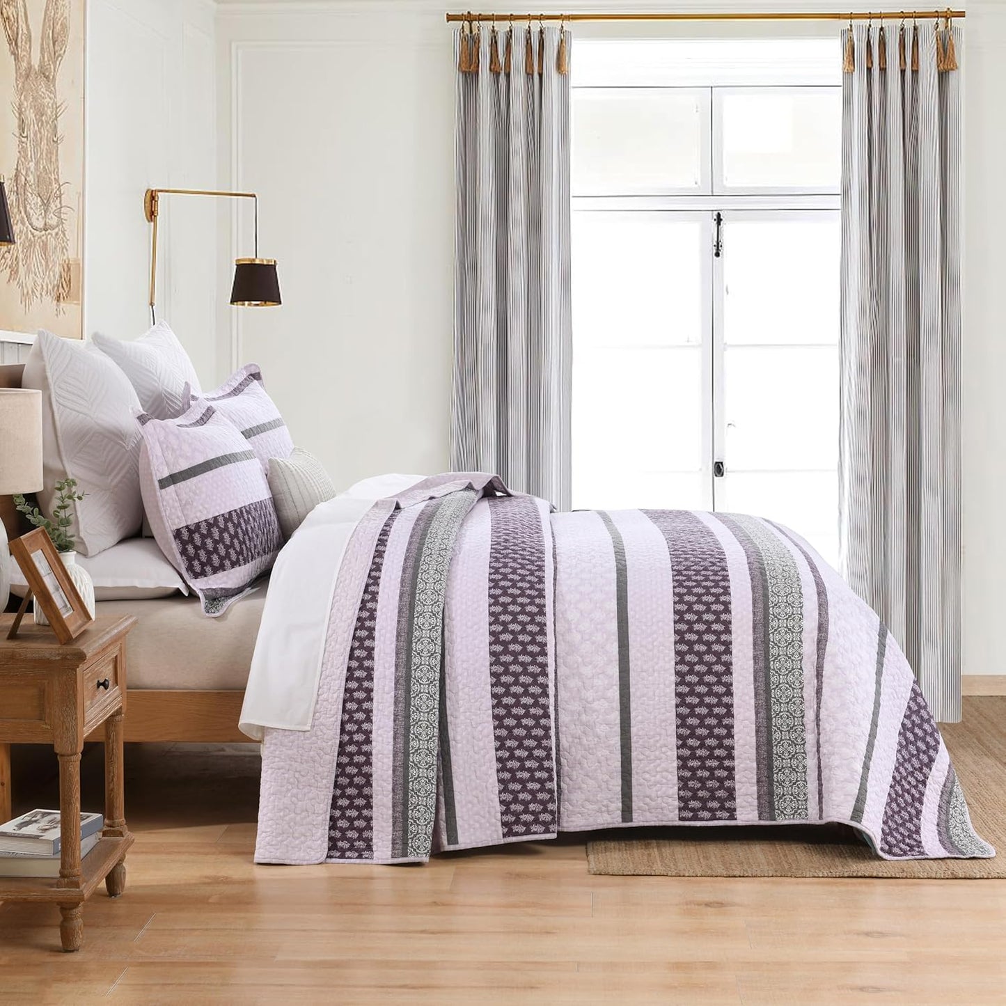 Homzard Quilts Queen Size, Cotton Comforter Set, Purple and Grey Queen Bed Set,Lightweight Striped Bedding, Farmhouse Bedspread All Season 3 Pieces