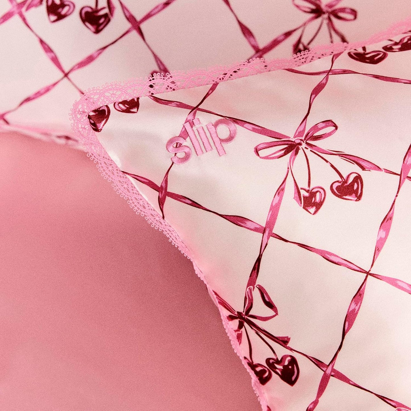 slip Queen Silk Pillowcase – Sweet Cherry Limited Edition with Lace Trim – 100% Pure Mulberry Slipsilk™ – Anti-Frizz, Anti-Crease, Anti-BedHead