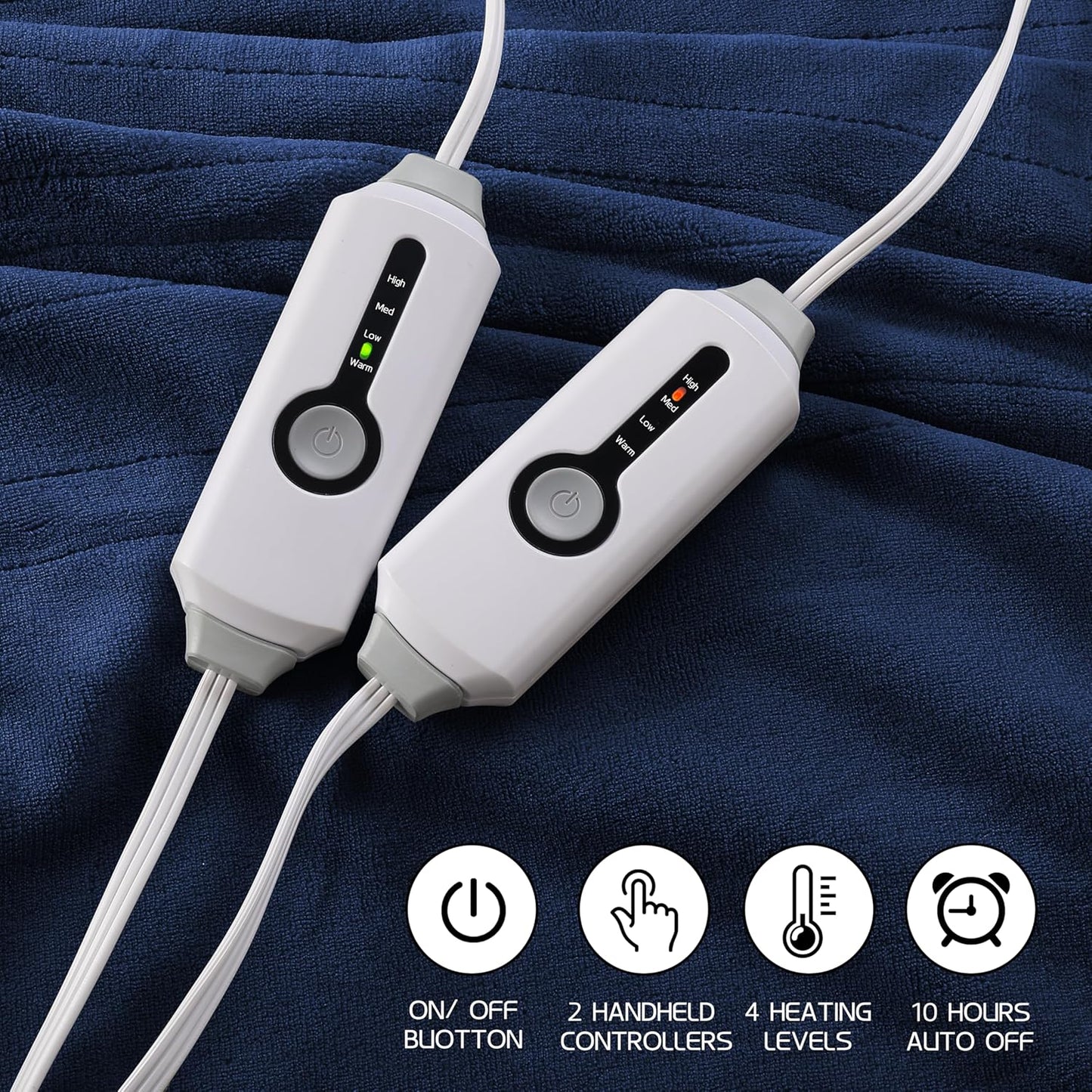 Electric Heated Blanket 84"x90" Queen Size, Soft Coral Fleece, Dual Controllers with 4 Heating Levels and 10 Hours Auto-Off, Machine Washable, Cozy Plush Fabric for Home, Dark Blue