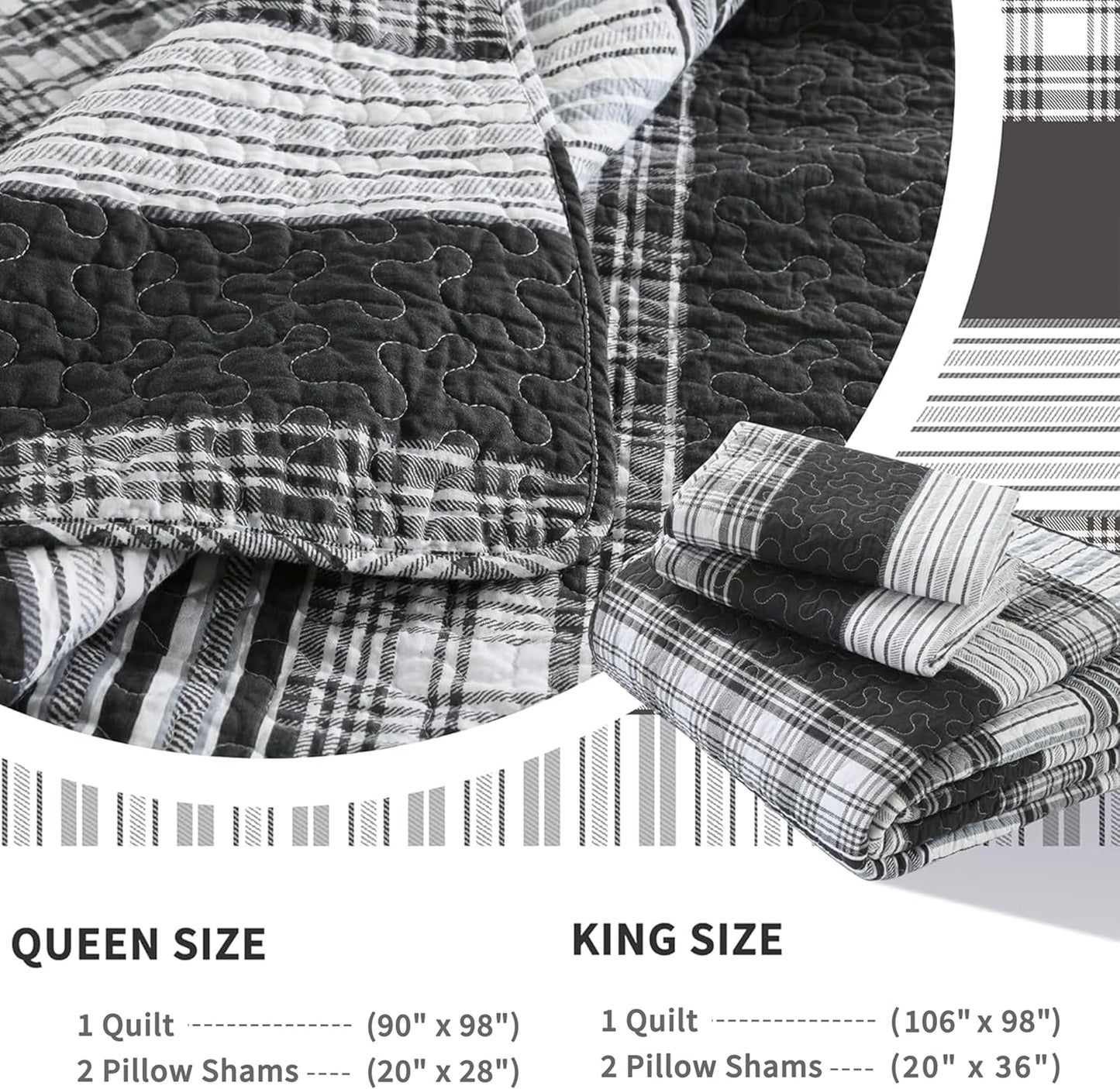 Homzard Quilts Queen Size - Black and White Queen Comforter Set, 100% Cotton Black Grey Striped Bedding Set, Lightweight Reversible Bedspread Set, 3 Piece All Season