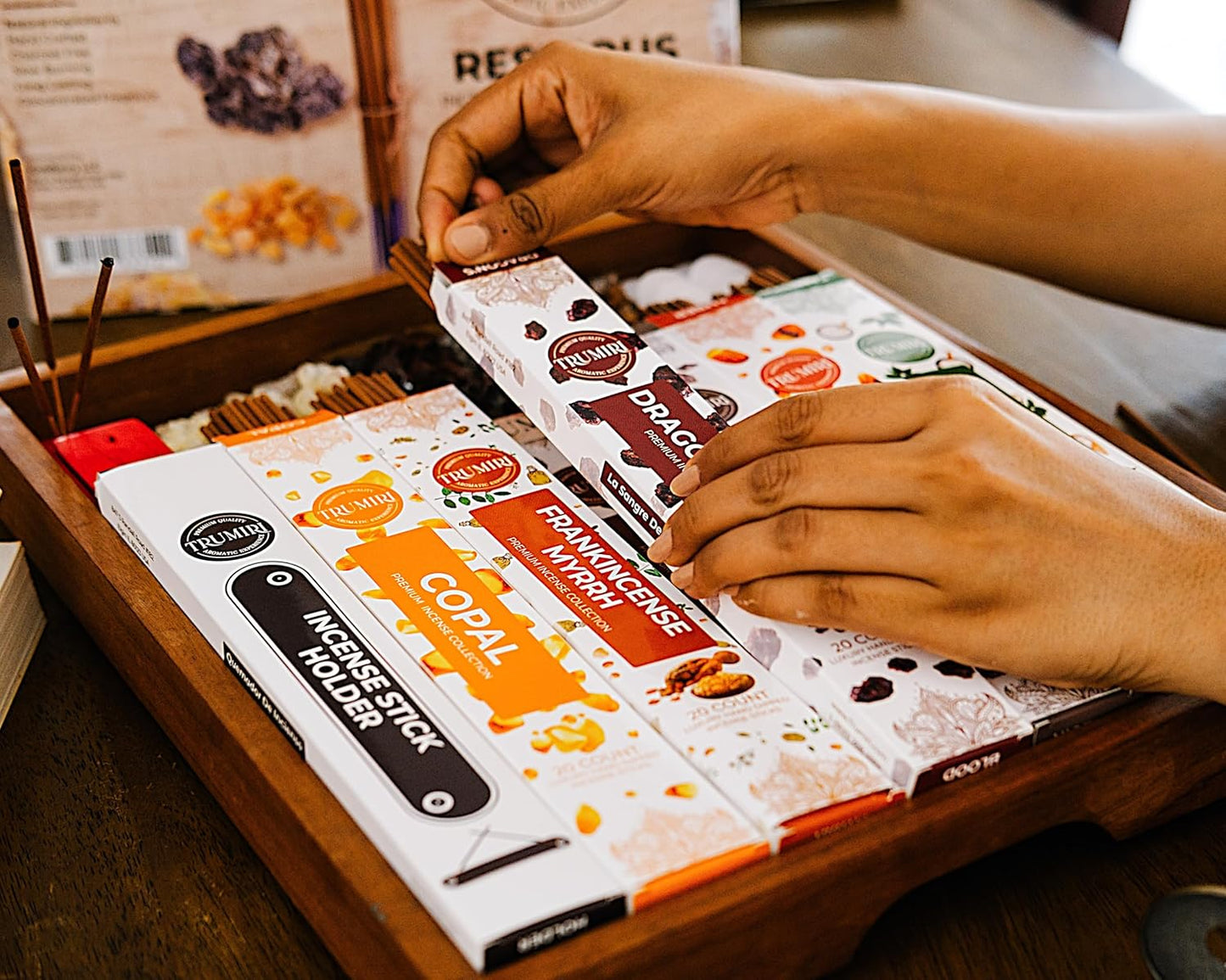 Trumiri Incense Sticks - 120 Insence-Sticks (20 Insense x 6 Incents) - Incienso Inscents-Sticks with Dragon Blood Frankincense Myrrh Benzoin Amber Copal Resin and Camphor Alcanfor + Incense Holder