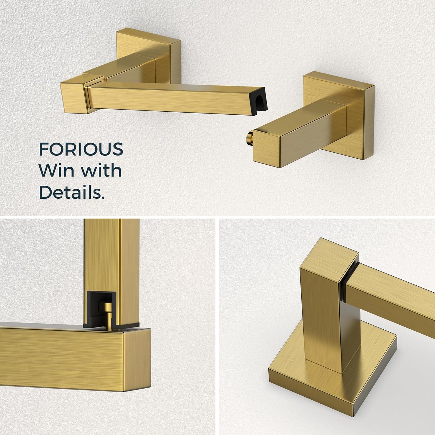 FORIOUS Toilet Paper Holder Set Wall Mount, SUS 304 Stainless Steel Pivoting Toilet Paper Holder and Towel Ring, Hand Towel Holder Set for Bathroom, Square Bathroom Hardware Set, Brushed Gold