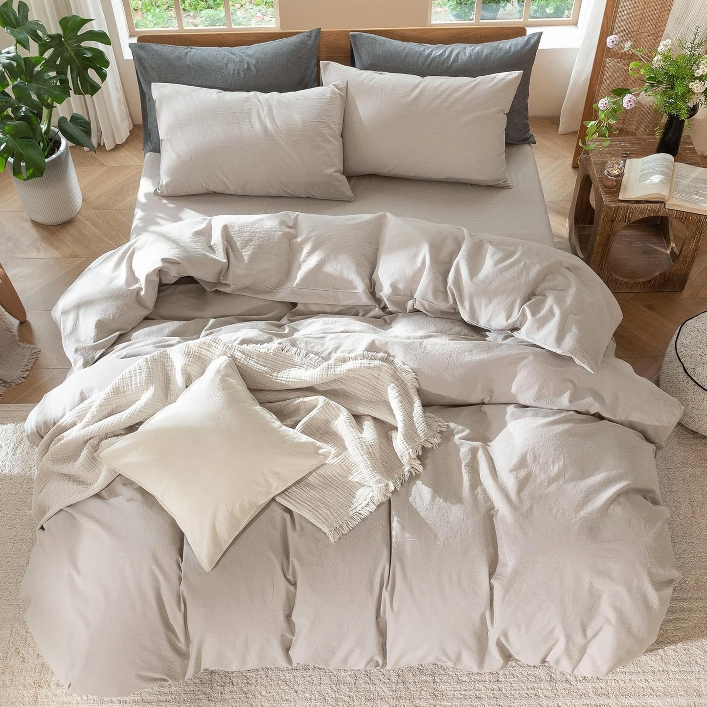 MooMee Bedding Duvet Cover Set 100% Washed Cotton Linen Like Textured Breathable Durable Soft Comfy (Solid Light Tan, Oversized King Plus 128"x120")