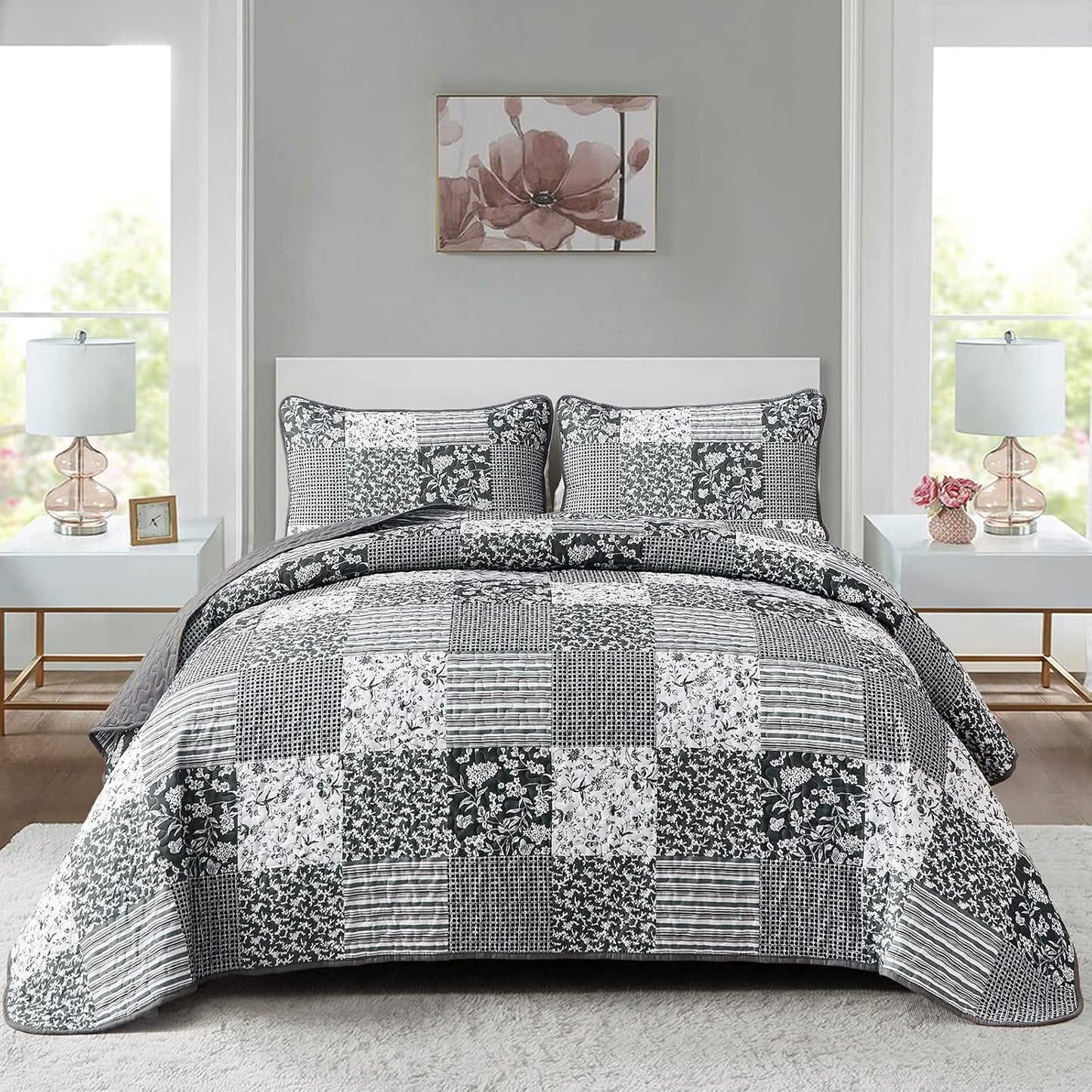 Mybedsoul Black Grey Boho Quilt Set Queen Size,3 Pieces Plaid Floral Bedspread Coverlet Set for All Season,Patchwork Reversible Bedding Set Queen 90"x96"