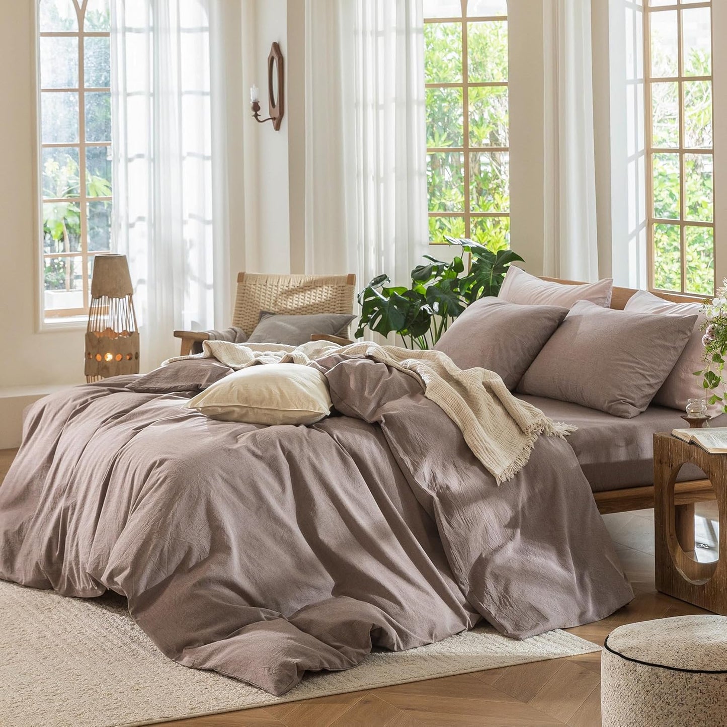 MooMee Bedding Duvet Cover Set 100% Washed Cotton Linen Like Textured Breathable Durable Soft Comfy (Heathered Mauve Brown, Oversized King Plus 128"x120")