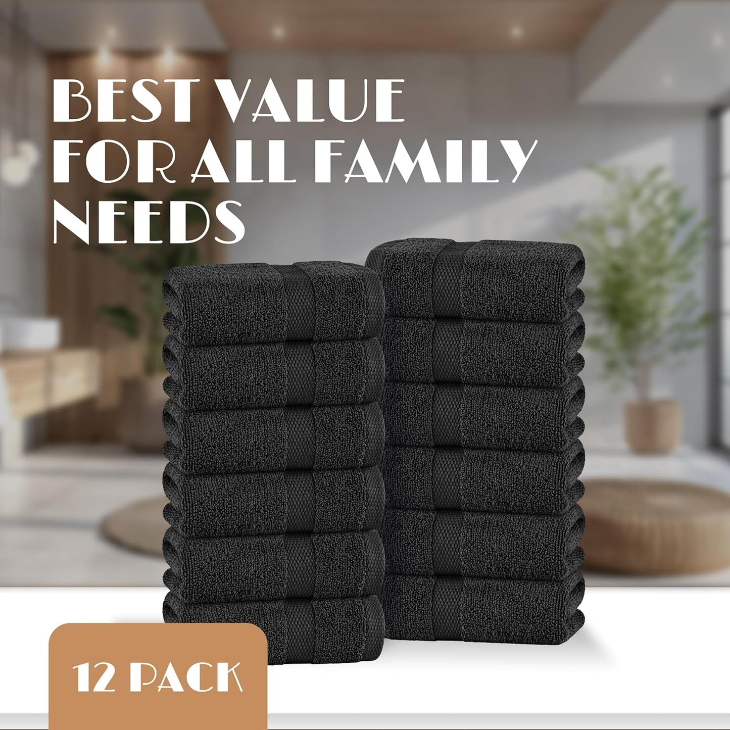 White Classic Black Washcloths Set for Body and Face Towel, Cotton Wash Cloths Bulk 12 Pack, Spa Fingertip Wash Clothes 12x12 Inch, Soft Absorbent Gym Towels