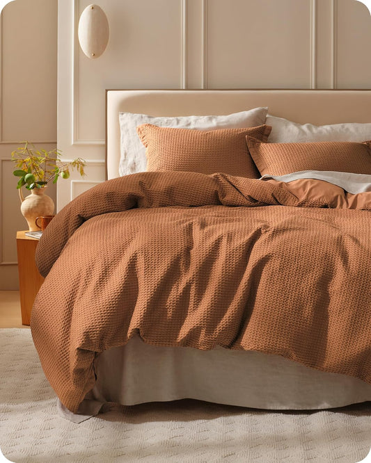 Bedsure Cotton Duvet Cover Queen - 100% Cotton Waffle Weave Hazel Duvet Cover Queen Size, GentleSoft™ and Breathable Bedding Set for All Season, 3 Pieces, 90"x90"