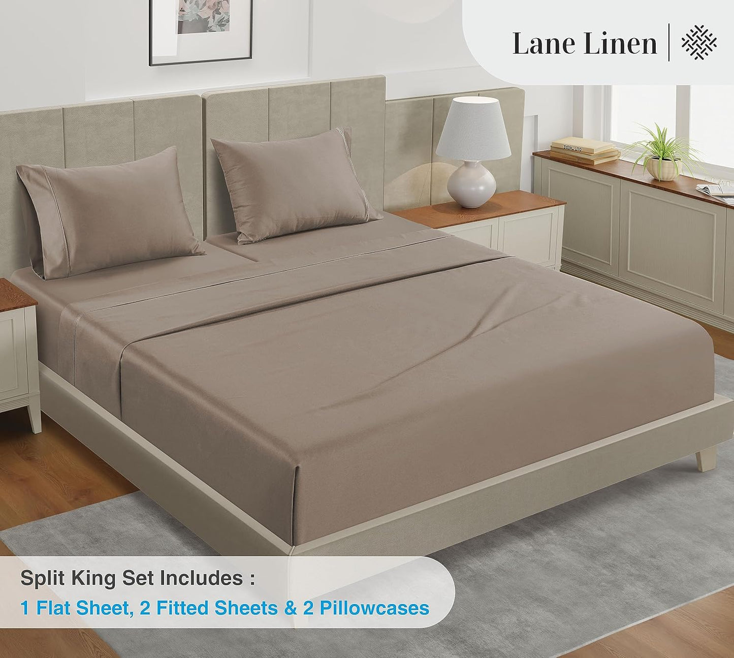 LANE LINEN Split King Sheet Set – 450 Thread Count 100% Cotton Cooling Sheets, Soft Breathable Sateen Weave, 15” Deep Pocket Fully Elasticized Fitted Sheet, Luxury Bedding Sheets & Pillowcases, Taupe