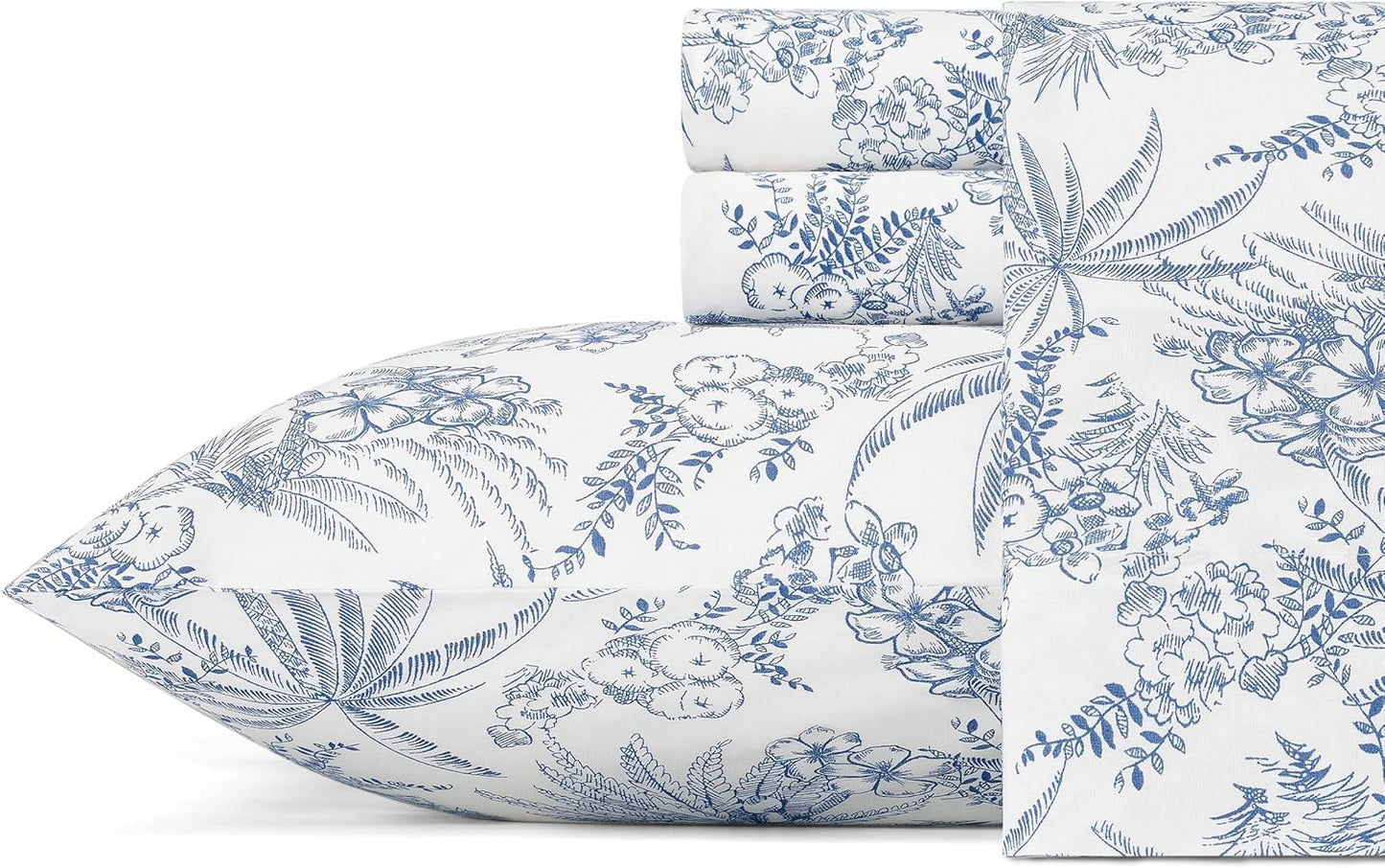 Tommy Bahama - King Size Sheets Set, Crisp & Tailored Cooling Sheets with a Smooth Cotton Percale Lightweight Feel - Bed Sheets with Matching Pillowcases & Fitted Sheet (Pen and Ink Palm Blue)