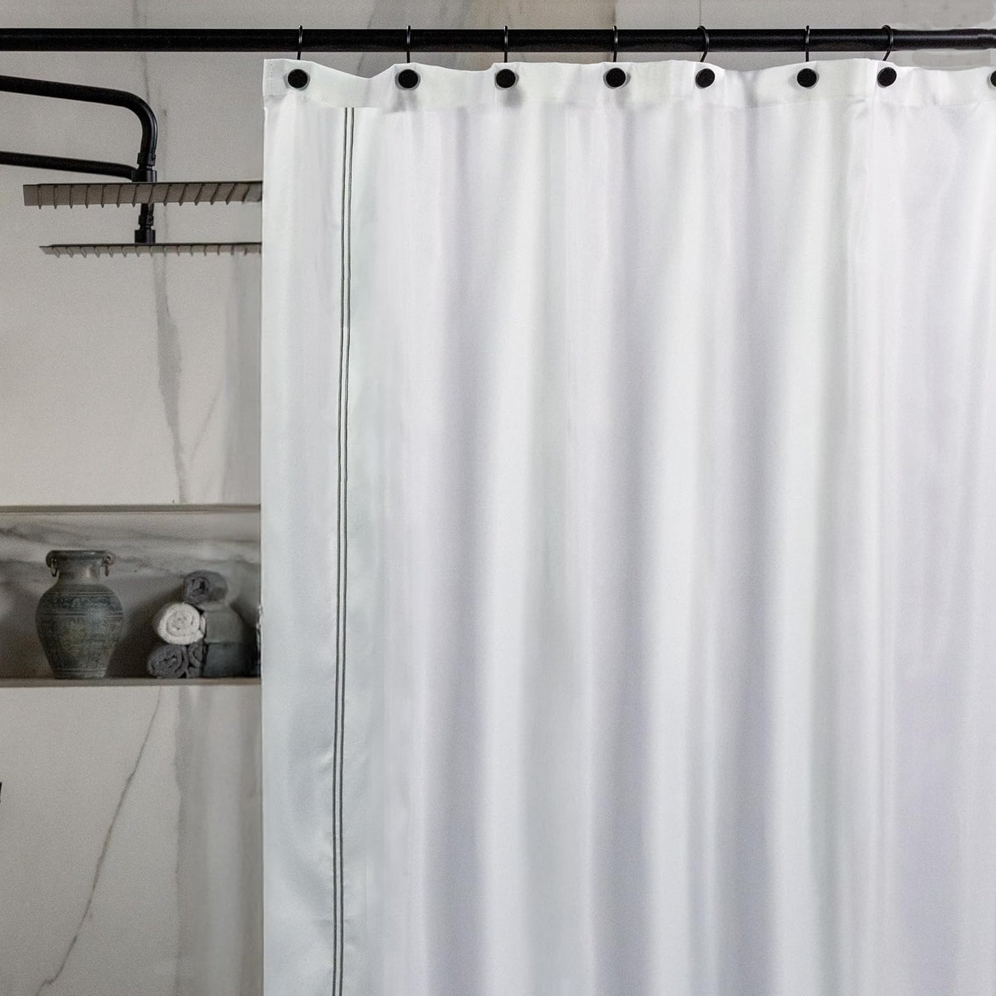 23 THREADS Fabric Shower Curtain for Bathroom, Water Resistant, Made from Sustainable Yarns, White, Luxury Embroidered