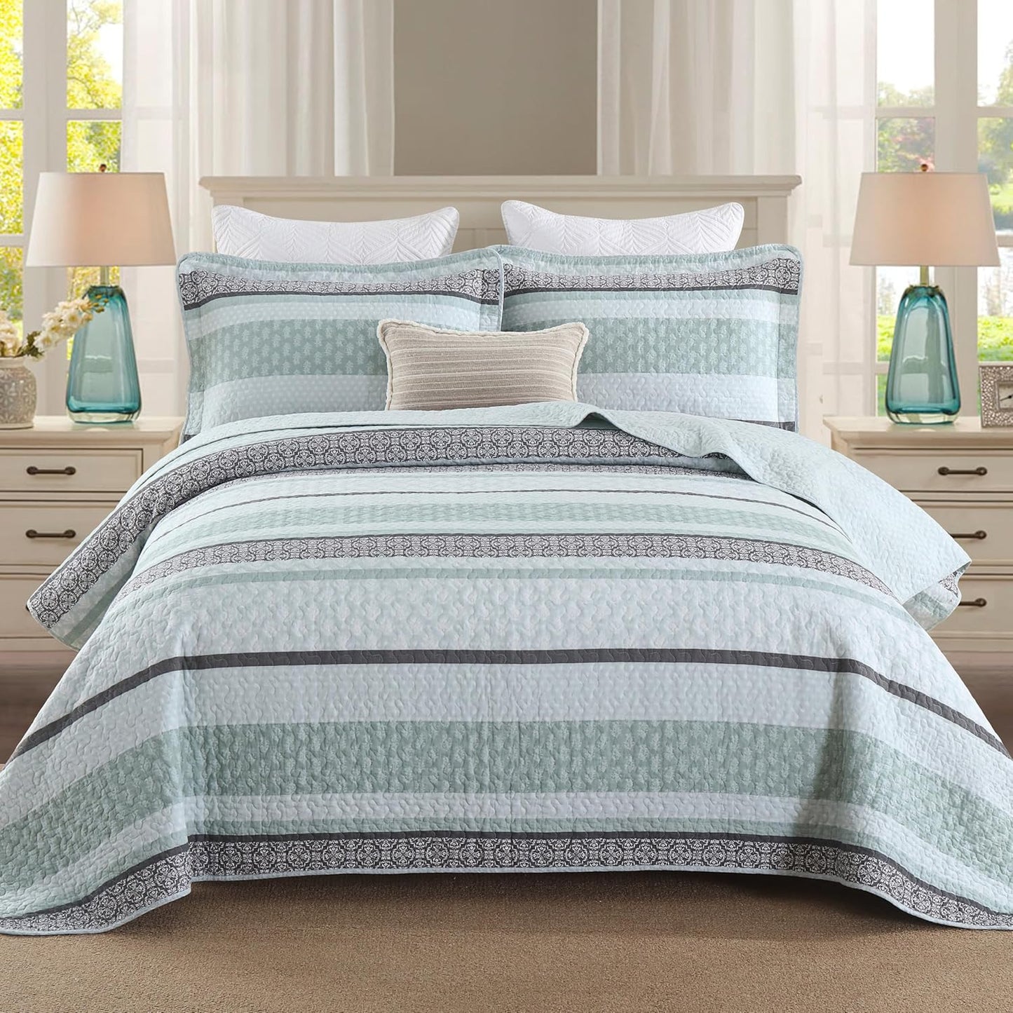 Homzard Quilts Queen Size,Cotton Queen Comforter Set,Mint Green Grey Bed Set,Striped Bedding,Lightweight Bedspreads All Season 3 Piece