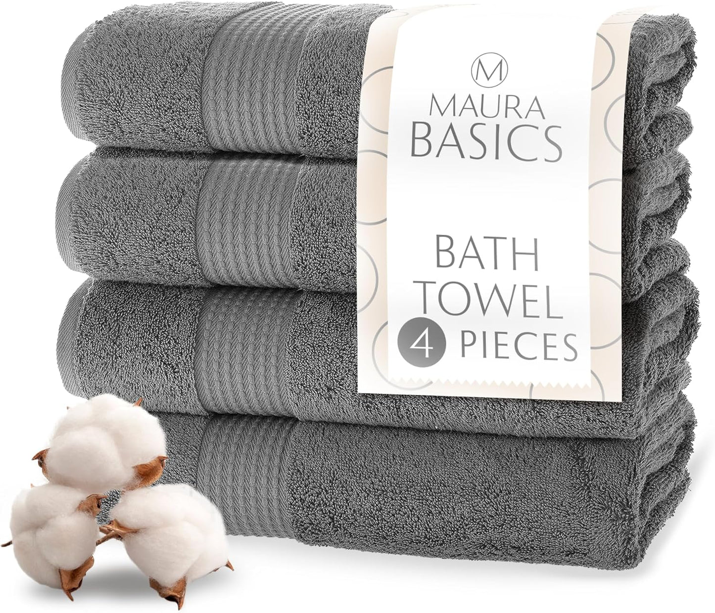 MAURA Basics Performance Bath Towels 100% Turkish Cotton with Hook Loops. Extra Large Luxury Absorbent Plush Towel Sets for Bathroom, Daily Use American Standard Size 27”x54”, Space Gray