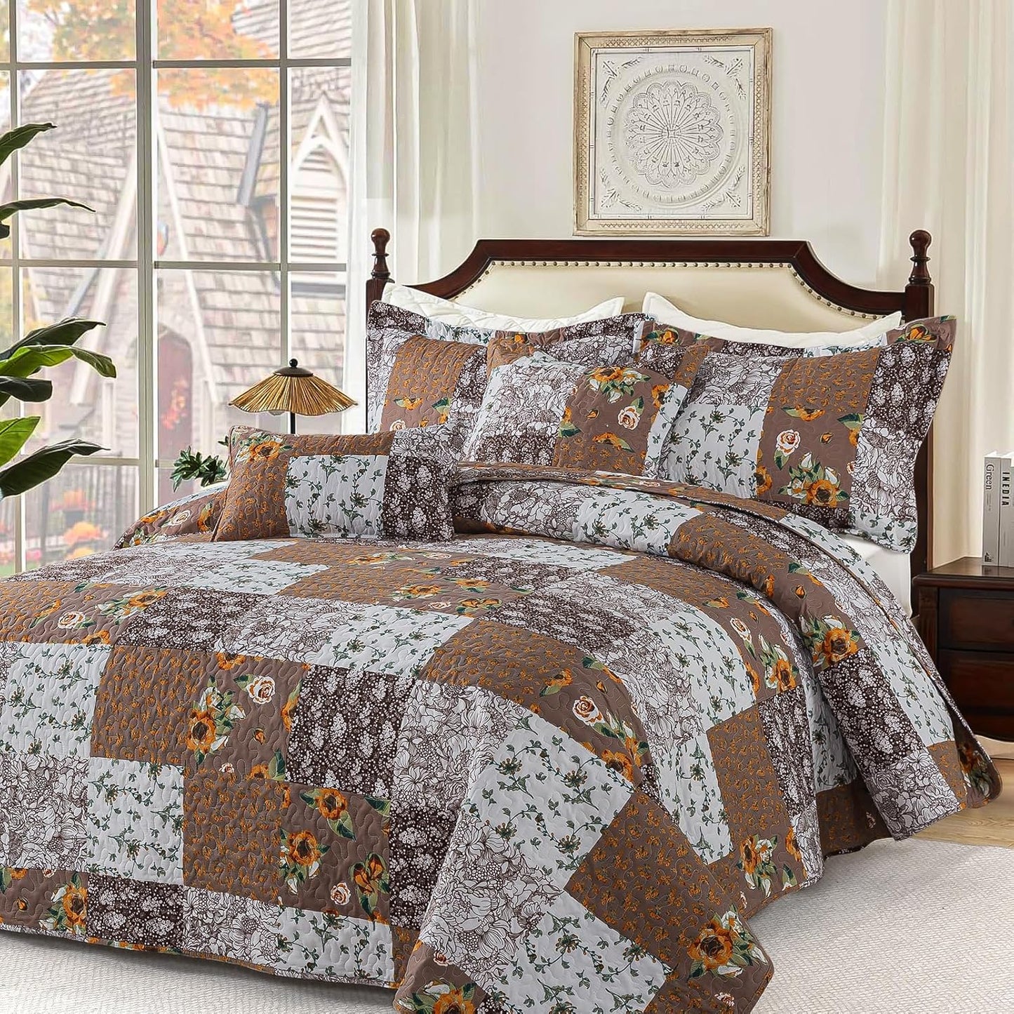BEDIFANY Cotton Filling Queen Quilt Set - Reversible Farmhouse Bedspreads Queen Size with 2 Pillow Shams - Lightweight Queen Size Quilt Bedding Sets, 3 Pieces (90 x 98 inch)