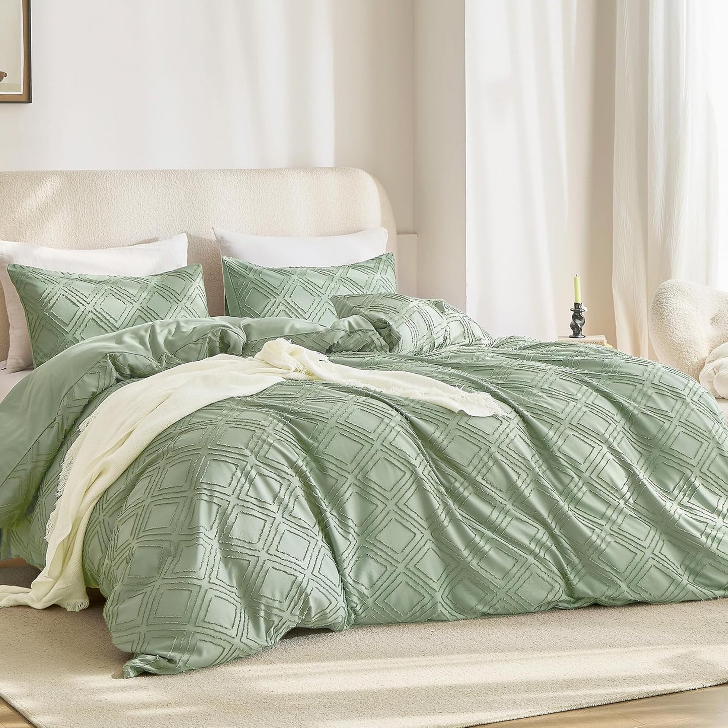 JELLYMONI Duvet Cover Twin Size Light Green - 3PCS Boho Duvet Cover Set Plaid Polyester Tufted Bohemian Jacquard Knit Textured Comforter Cover 68×90in Rhombic Geometric Pattern Corner Ties & Zipper