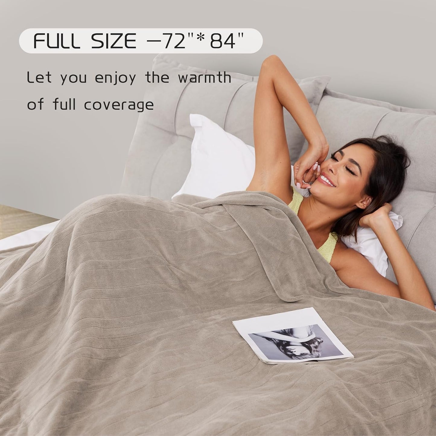 Electric Heated Blanket 72"x84" Full Size, Soft Coral Fleece with 4 Heating Levels and 10 Hours Auto-Off, Machine Washable, Cozy Plush Fabric for Home, Light Brown