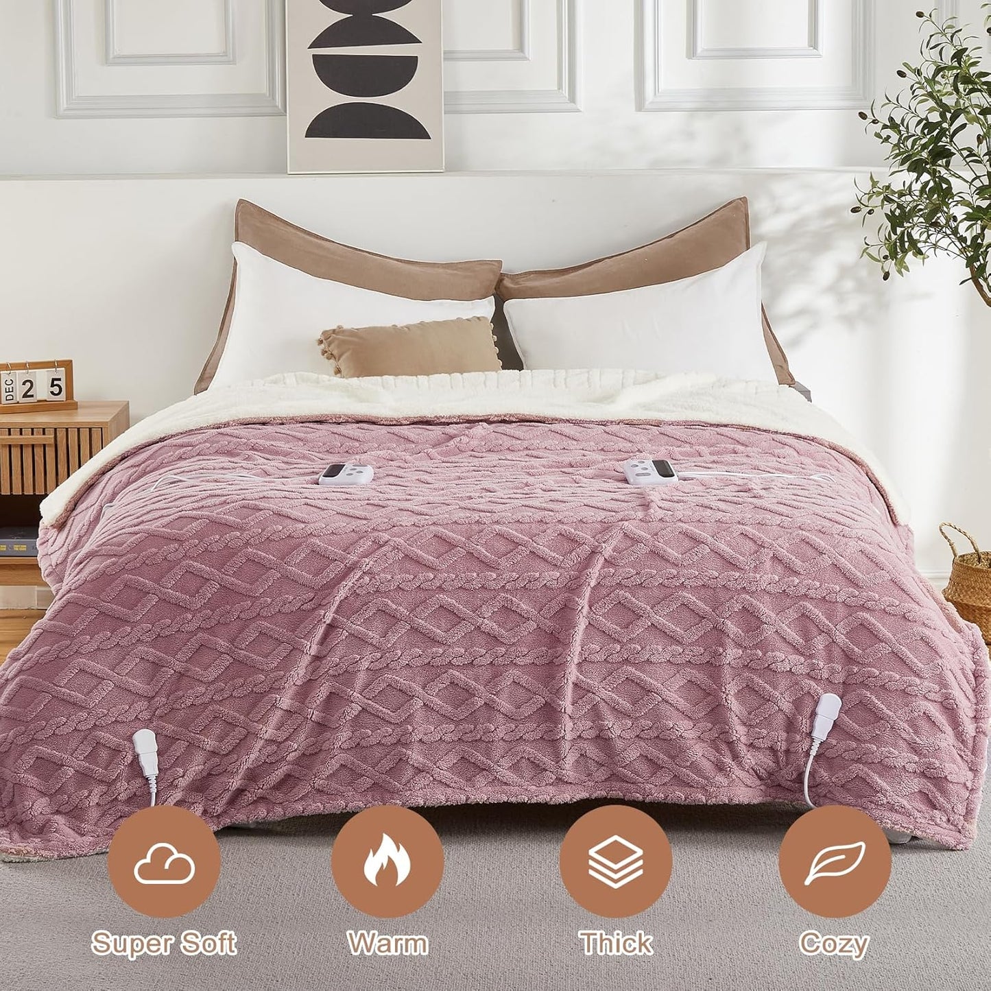 CAROMIO Electric Blanket King Size Dual Control - Thick Tufted Sherpa Heated Blanket King with 10 Heating Levels and 10 Time Settings, ETL Certified Fast Heating Blanket King Size 90"×100", Dusty Pink
