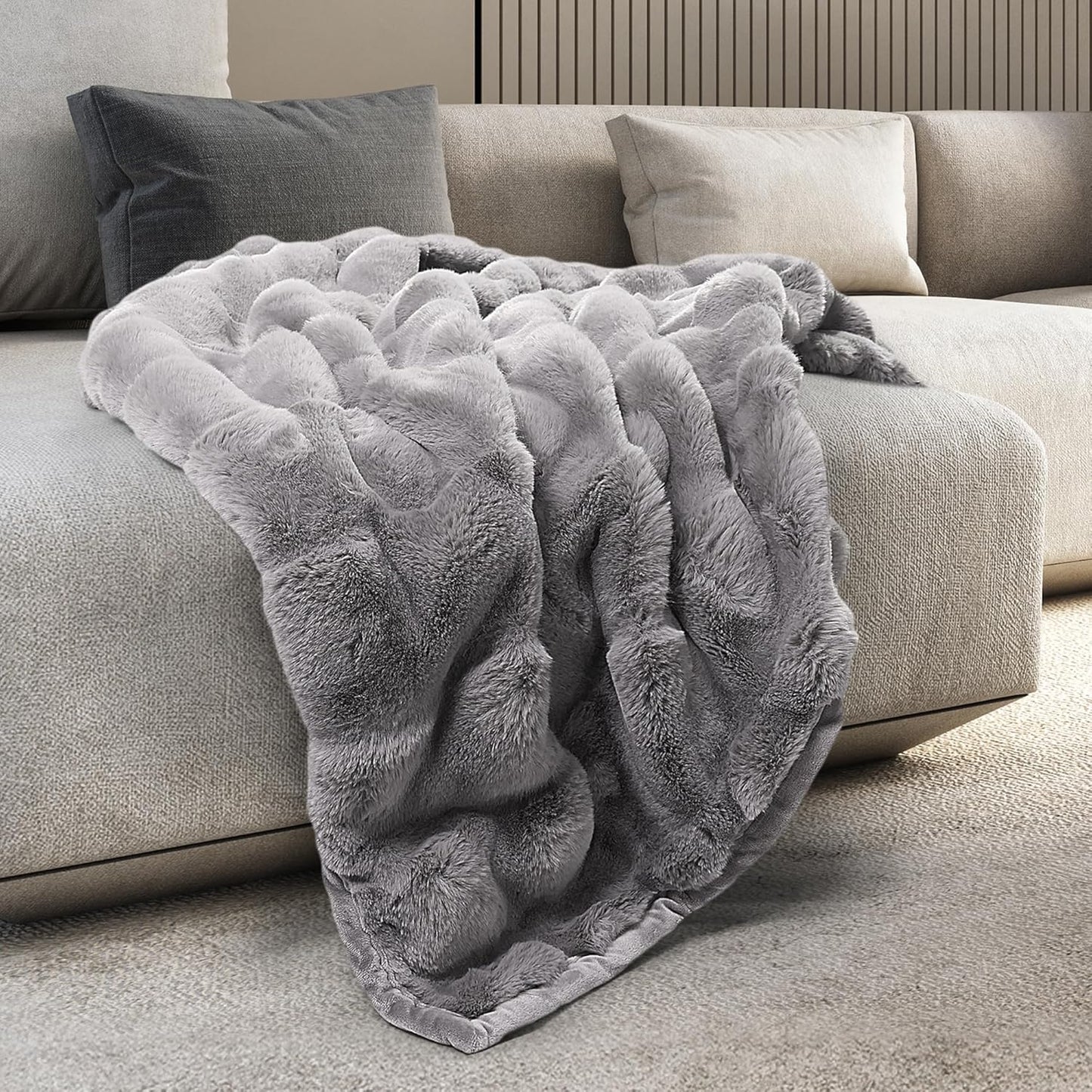 Mon Chateau 60" x 70" Hearthside Faux Fur Throw Blanket, Reversible Soft Blanket for Queen-Size Bed, Couch, or Sofa, Cozy Home Decor and Stylish Living Room Comfort, Fog Stone