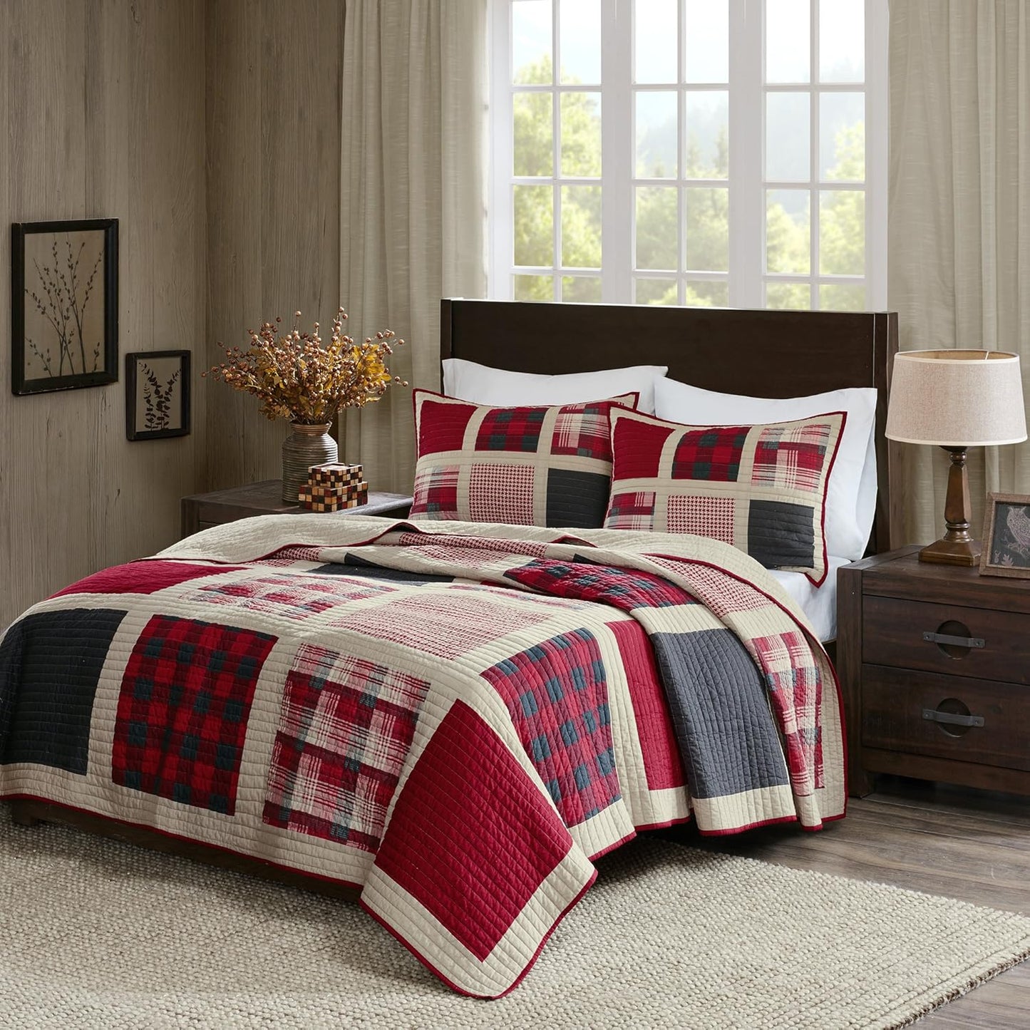 Woolrich Reversible Quilt Cabin Lifestyle Design - All Season, Breathable Coverlet Bedspread Bedding Set, Matching Shams, Oversized Full/Queen, Huntington Plaid Red, 3 Piece
