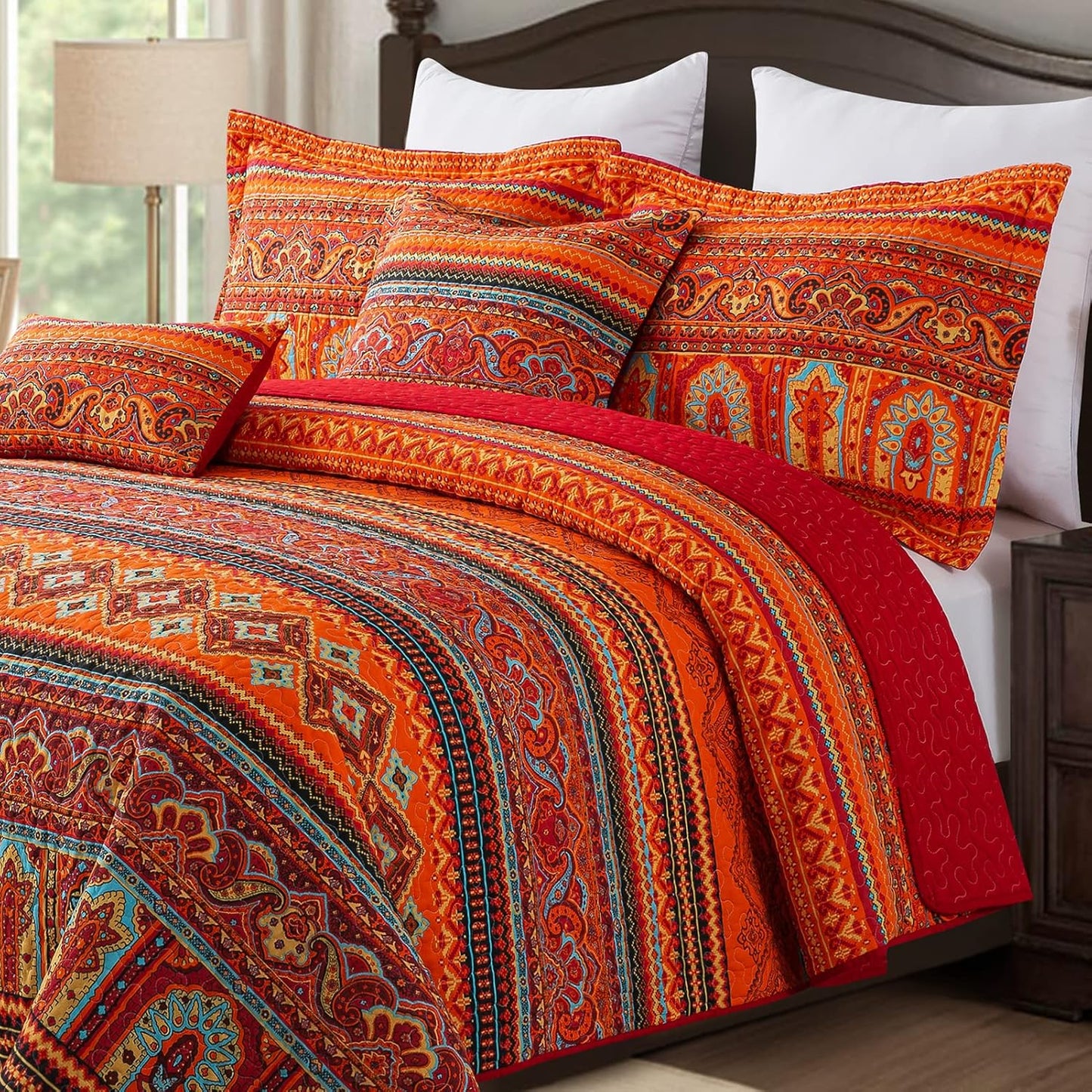 BEDIFANY Cotton Twin Size Bedspreads Set - Lightweight Boho Quilts Twin Size (68 * 86 Inch) - Colorful Orange Quilted Stripe Quilt Bedding Sets with Pillow Sham for Decorations Coverlet, 2 Pieces