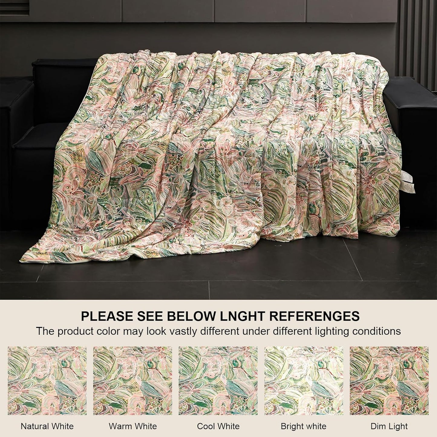 Cyusri Floral Print Cooling Comforter Set 2Pcs Breathable Cool Twin Size Bedding Set with 1 Pillowcase Green Pink Flowers Pattern Silky Cold Quilt, 68"x90"