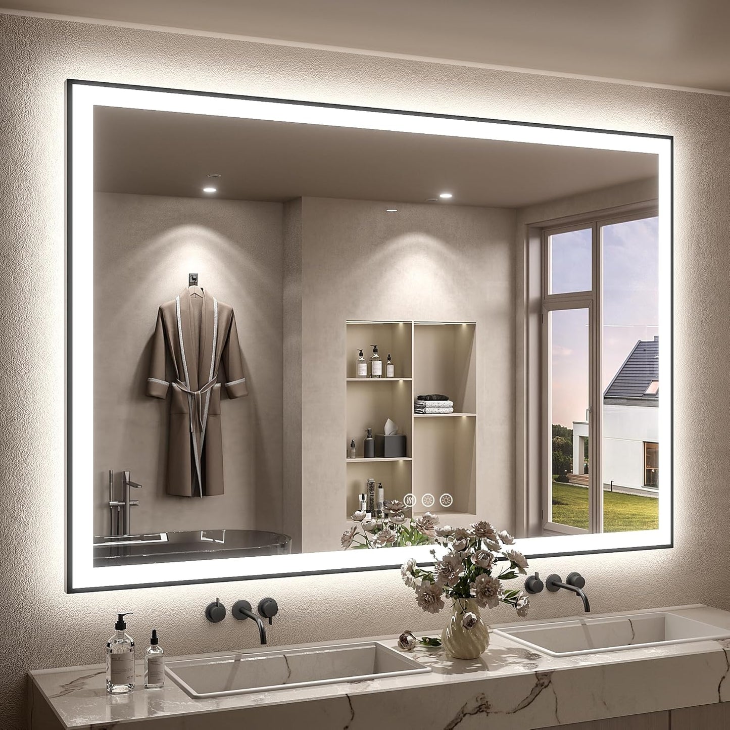 SMIROR 55x40 Led Bathroom Mirrors with Black Trim, Lighted Vanity Mirror for Wall, 3 Colors, Dimmable, Anti-Fog, Memory, Shatterproof, ETL Listed (Front Lit and Backlit Separated Control)