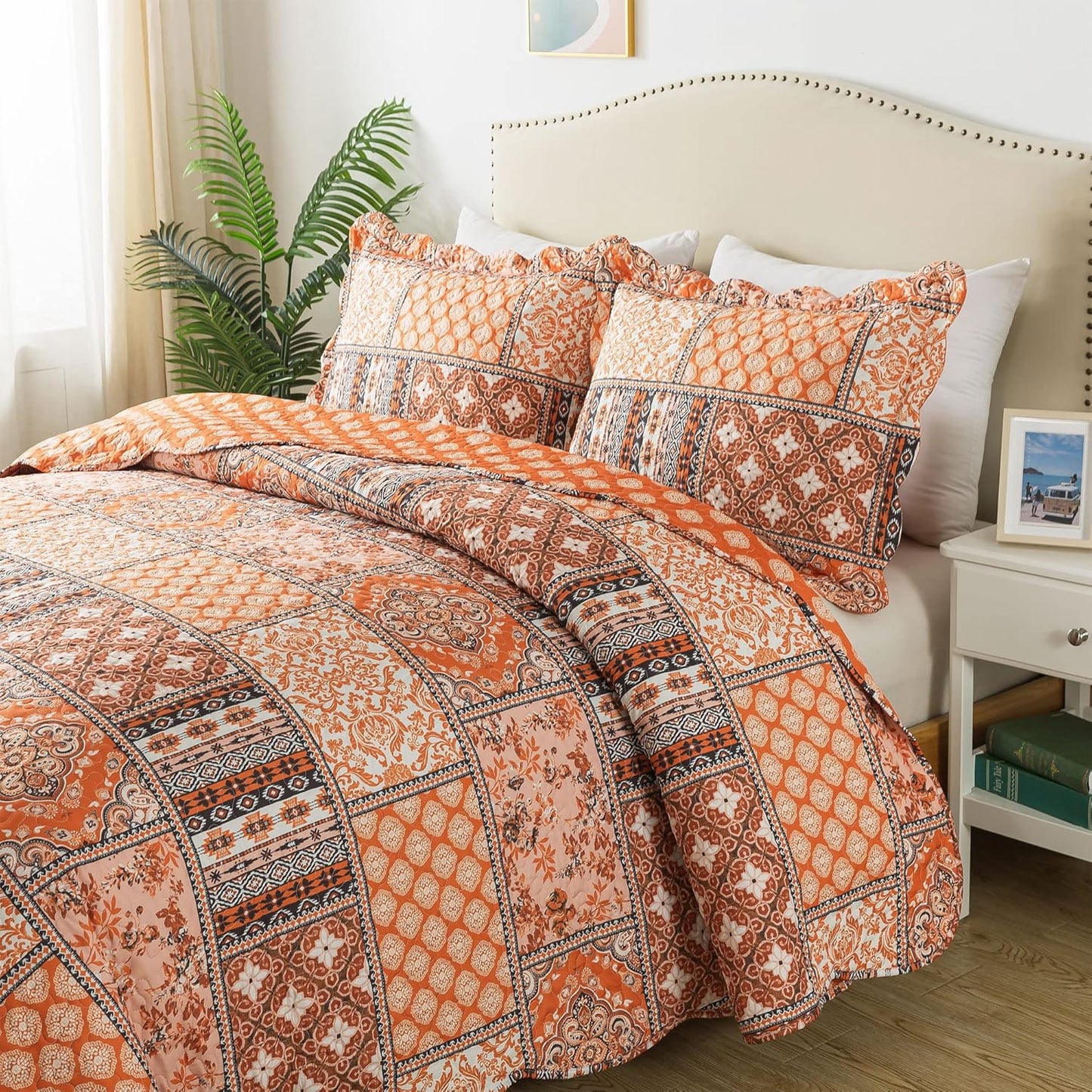 HoneiLife Vintage Quilt Sets Queen - 3 Pieces Microfiber Quilt Sets Lightweight Bedspreads Floral Coverlets Retro Bed Cover All Season Quilts-Pumpkin